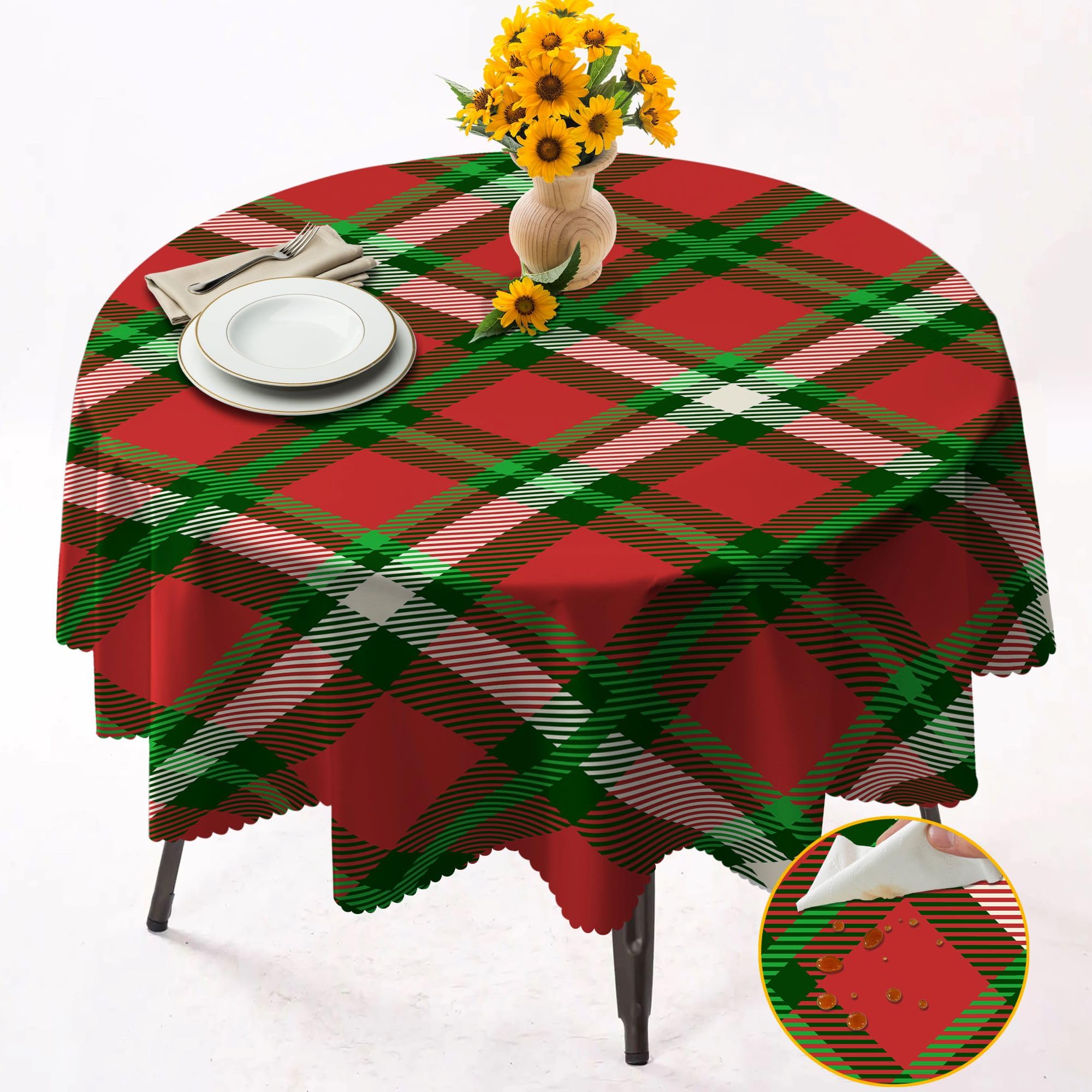 Round Tablecloth 152cm Wrinkle Free Washable Polyester Table Cloth for Circular Table, Home Dining Party Use, Christmas Plaid Round Wipe Clean Tablecloth 60 Inches (Color 18)