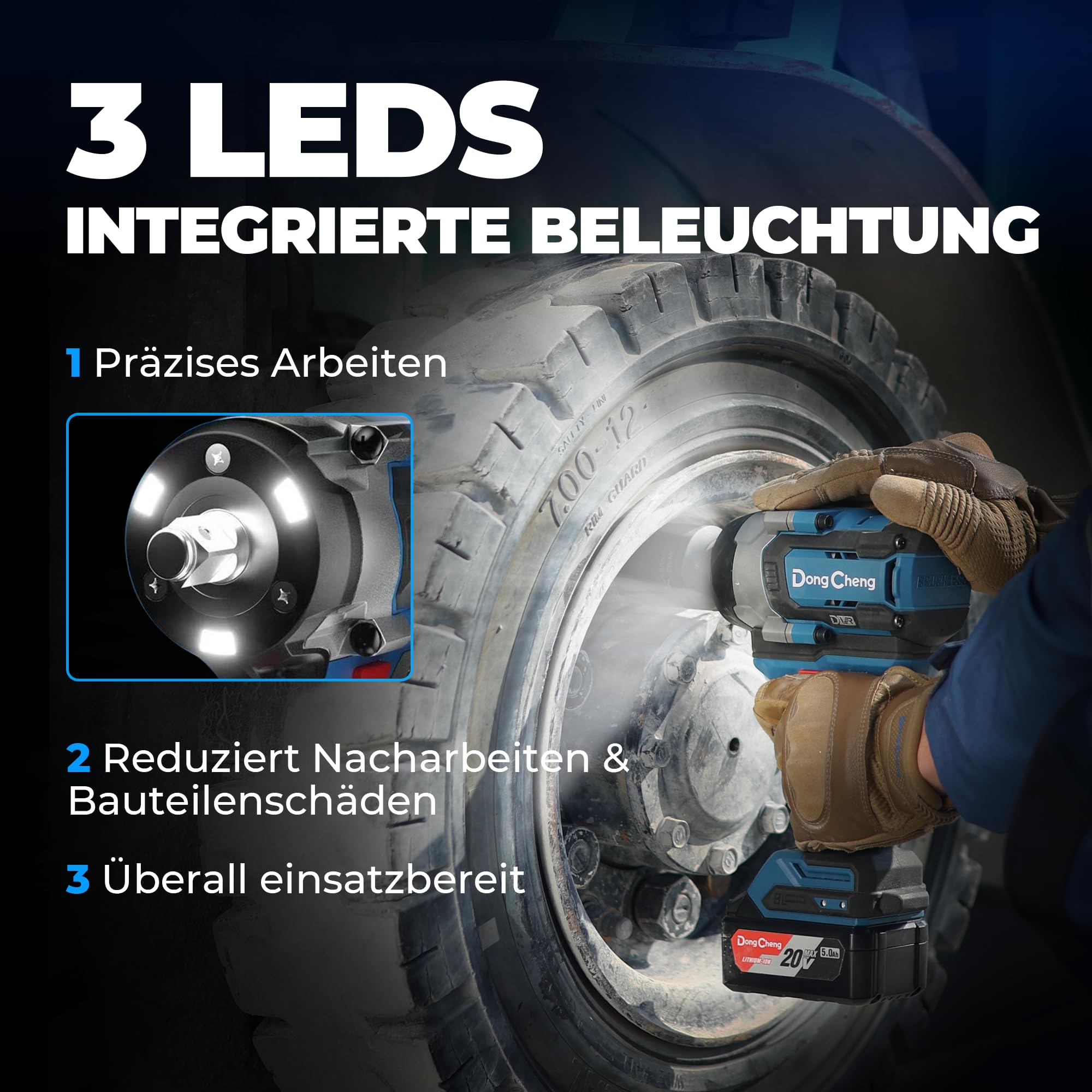Dong Cheng 20V Akku-Schlagschrauber Bürstenlos, 1700 Nm Drehmoment, inkl Li-Ion 5,0Ah Akku & Ladegerät Drehschlagschlüssel 3-Gang-Modus & Auto-Stop, 1/2" Aufnahme – für LKW,Land-und Baumaschinen