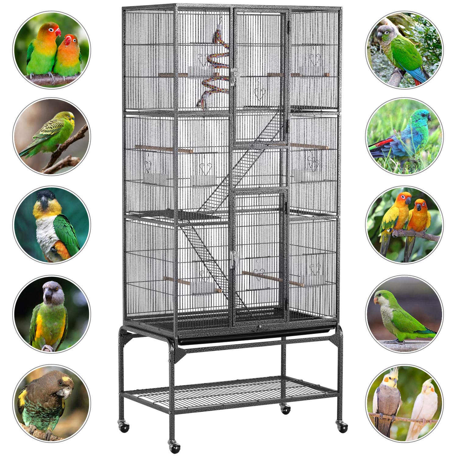 Yaheetech Klatka dla Ptaków Woliera Wewnętrzna dla Papug Nimf Konur Kanarków z Kółkami 77x46x175,5cm Czarny