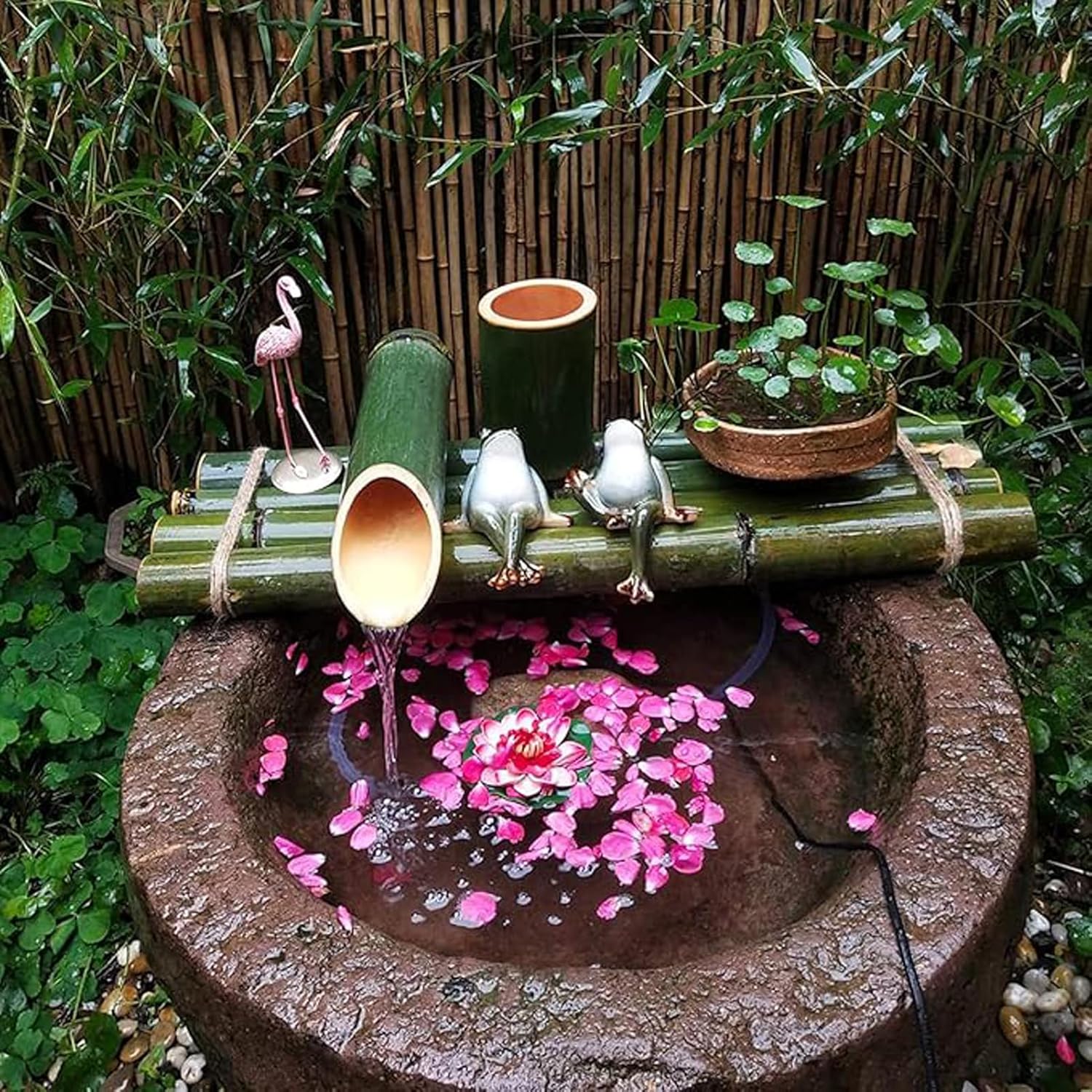 Handmade Bamboo Water Fountain with Pump, Zen Feng Shui Freestanding Water Feature, Japanese Garden Landscape Decor, for Pond, Fish Tank, Stone Trough, Patio, Balcony, 12in(30cm)