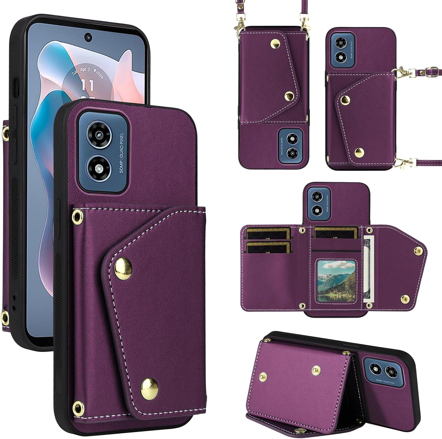 Wallet Phone Case for Moto G Play 2024 4G Kickstand Card Slots Deep purple
