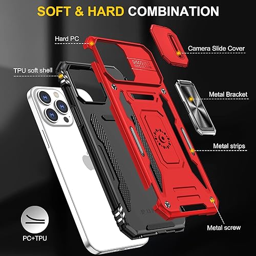 Miniatura 7 de Funda para iPhone 13 Pro con función atril con cubierta para cámara, protección de grado militar, soporte de anillo de metal, funda protectora para