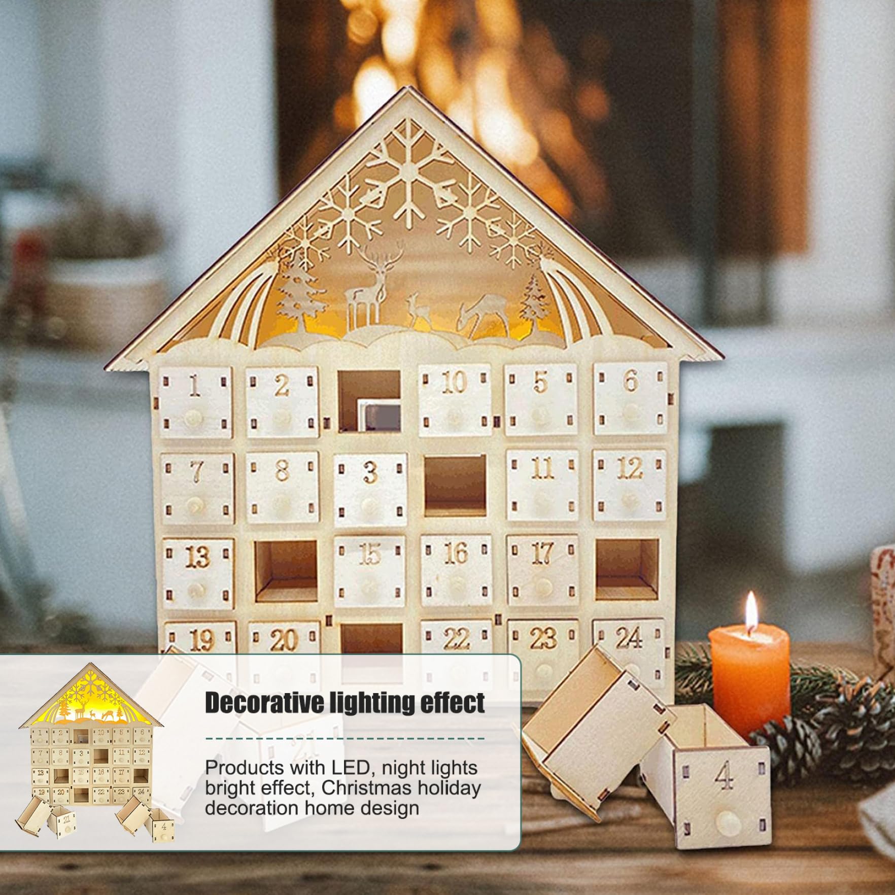 Calendario de Adviento de madera 10x3x12 con 24 cajones, decoración navideña LED de cuenta atrás vacía sin batería