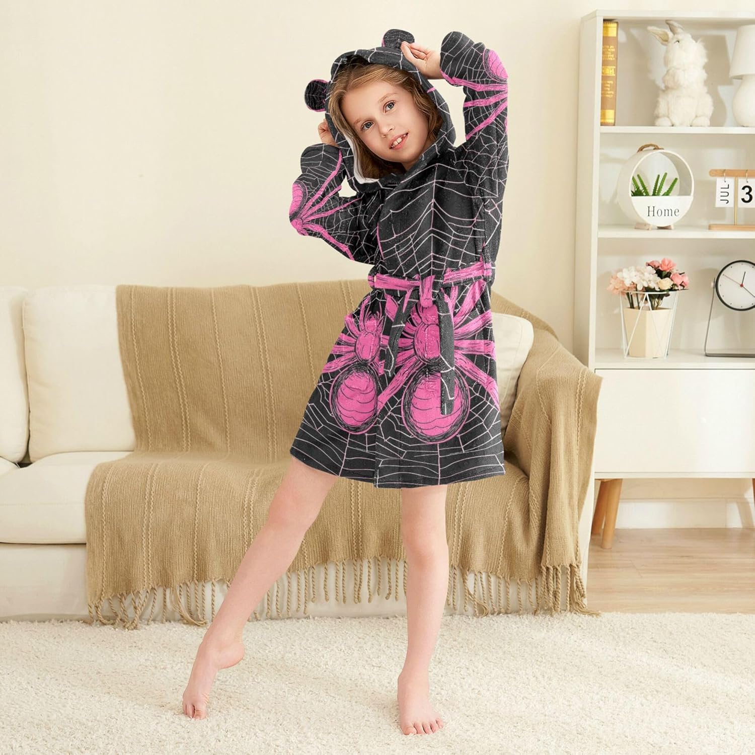 Pink Spider and Spider Web on Black Bathrobe Hooded PJ Robe Soft Fleece Robe Pajama Sleepwears 2-12 Years