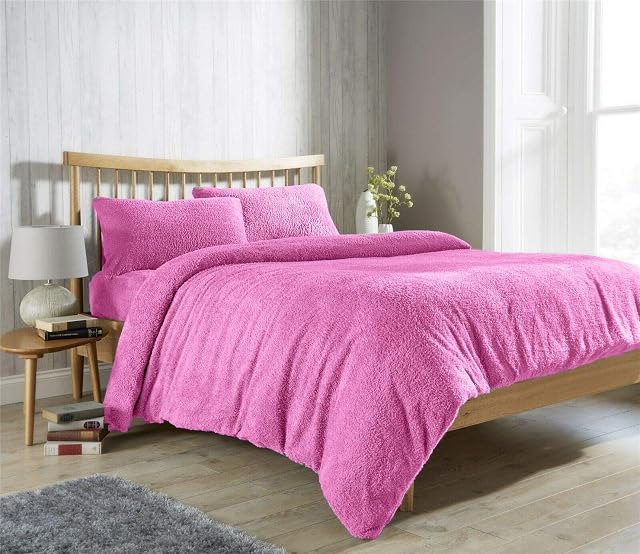Rohi Pink Luxury Soft Teddy Fleece Duvet Cover Set  Thermal Warm Fluffy Duvet Cover with Matching Pillow Cases  Anti Allergy Teddy Bear Bedding, Double