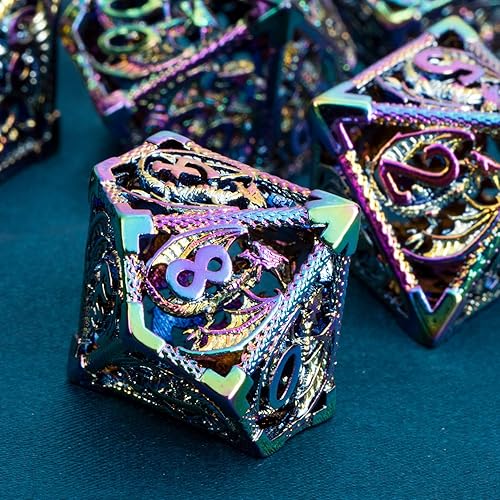 Miniatura 3 de ARUOHHA Juego de dados de metal huecos DND con diseño de dragones arcoíris D y D, juegos de rol RPG, dados poliédricos de mazmorras con caja de
