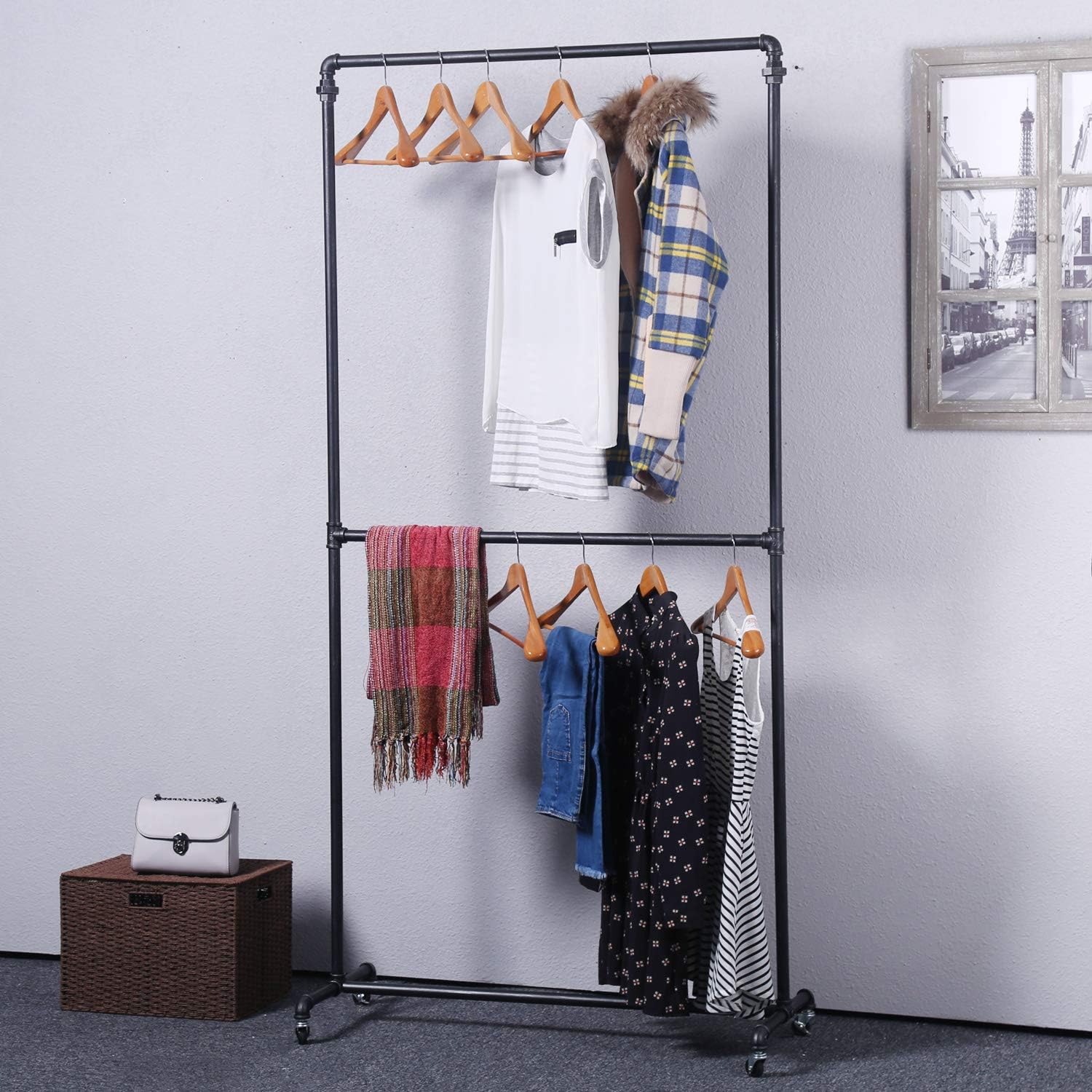 Ucared Industrial Pipe Clothing Rack Heavy Duty Double Row,Garment Rack Commercial Grade,Clothing Rack on Wheels,Vintage Clothes Retail Displays Rack Hanging Rack, Black Brush Silver