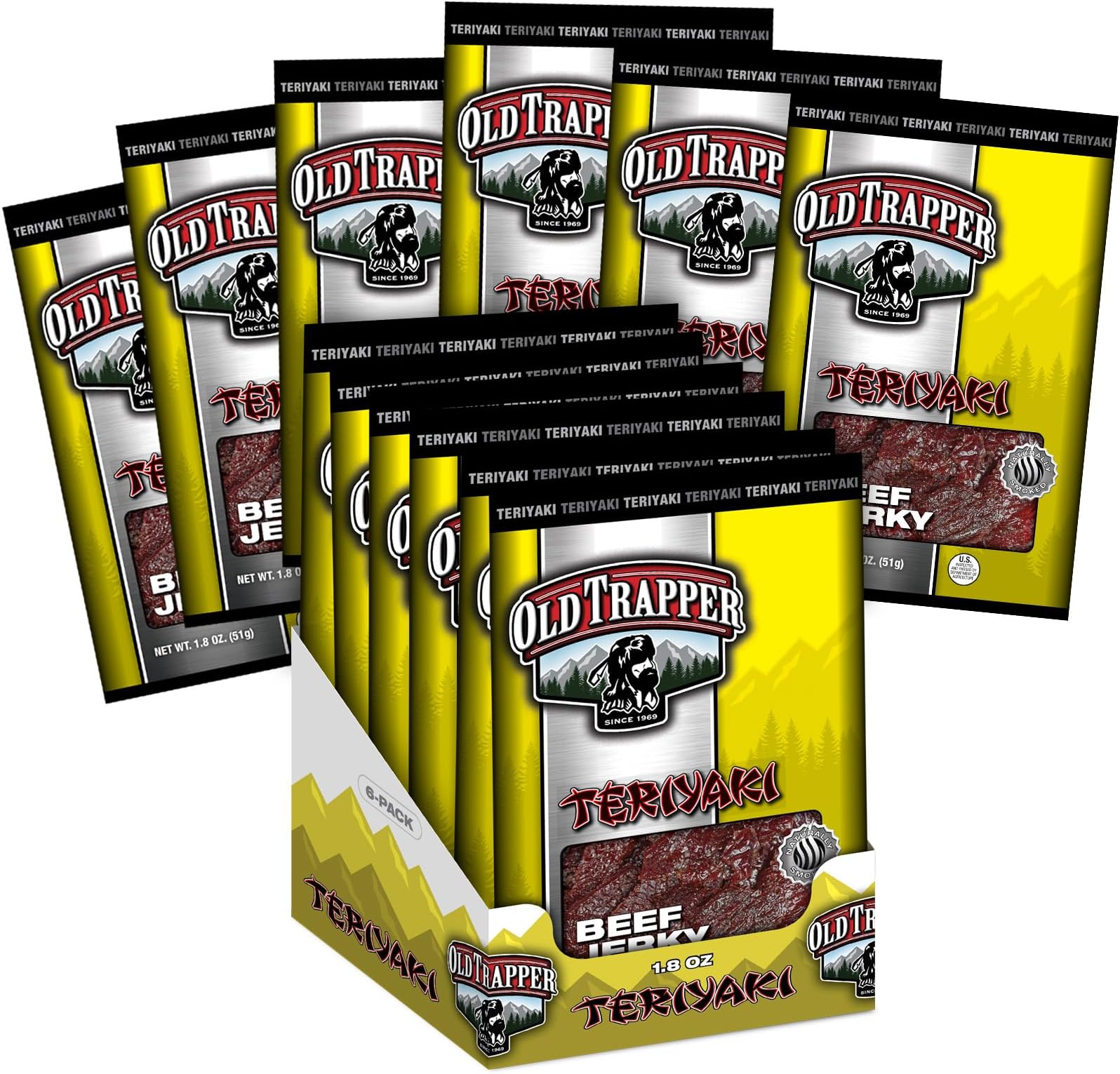 Old Trapper Beef Jerky, Teriyaki Flavor, 1.8-Ounce Individual Packs, Great Size for Quick Snacking, 11 Grams of Protein and Zero Grams of Fat Per Serving (Pack of Six)