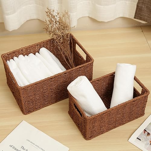 Vista 89 de HOONEX Cestas de almacenamiento de jacinto de agua, cestas de mimbre para organizar, cestas tejidas a mano con asas de transporte, juego de 2