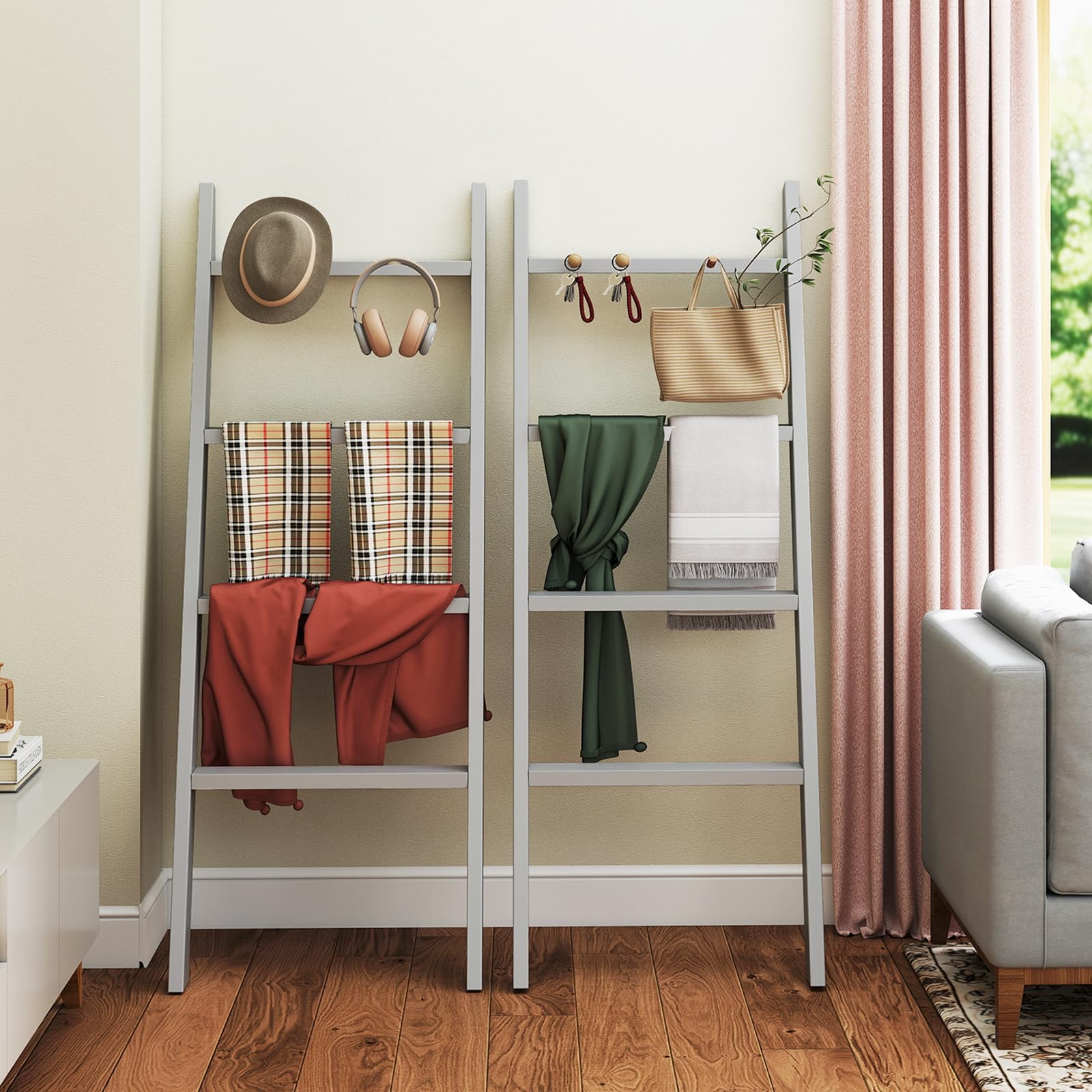 LIFEZEAL Scaffale per Coperta, Portasciugamani da Terra, Porta Salviette, Sciarpe, Tappeti, Vestiti, Scala a 4 Ripiani da Appoggiare, per Bagno, Cucina, in Legno di Pino, Max 80kg, 50x8x137cm (grigio)