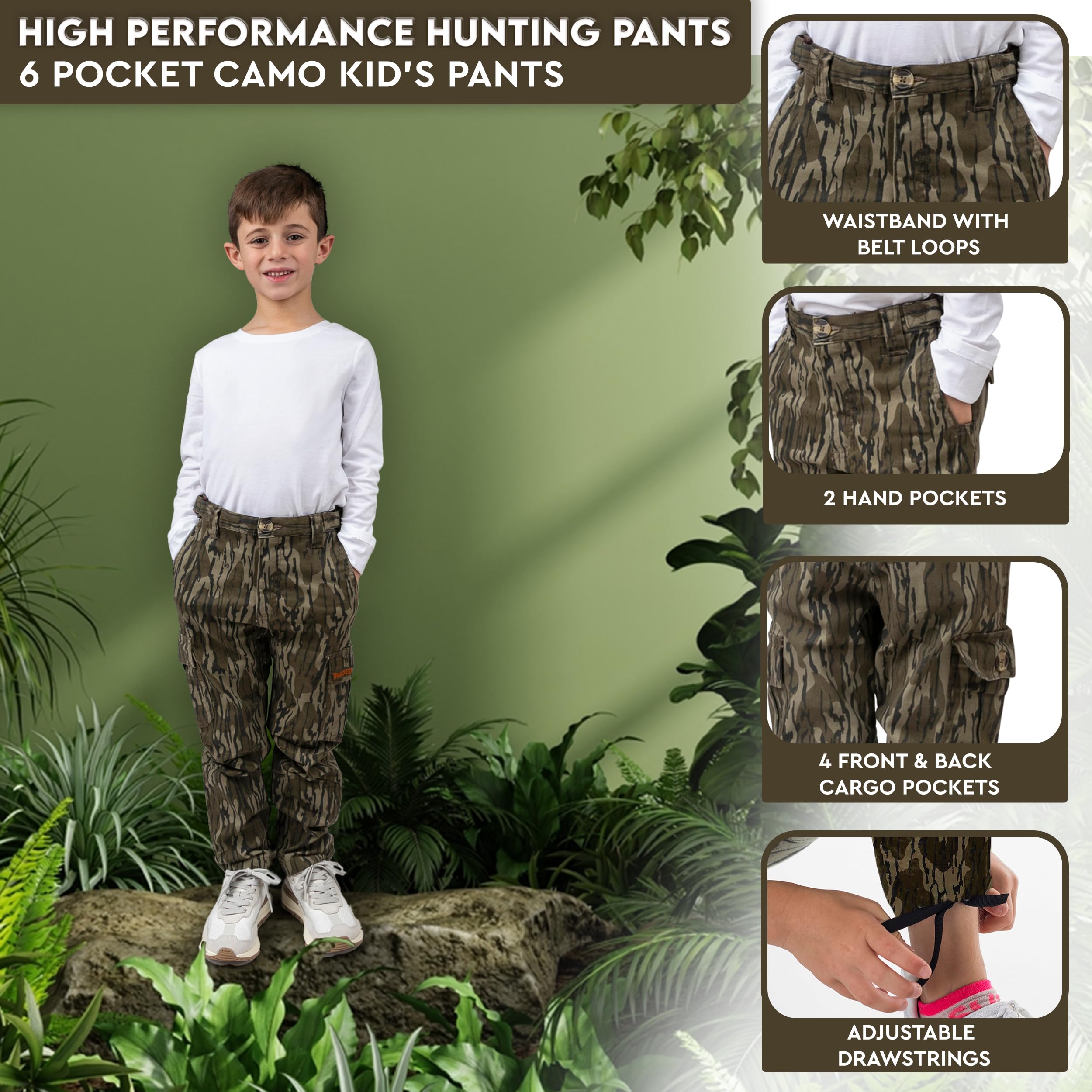 TrailCrest Youth Kids Camo Hunting Cargo Pants | 6 Pockets | Mossy Oak Break-Up Country™ (Improved Specs)