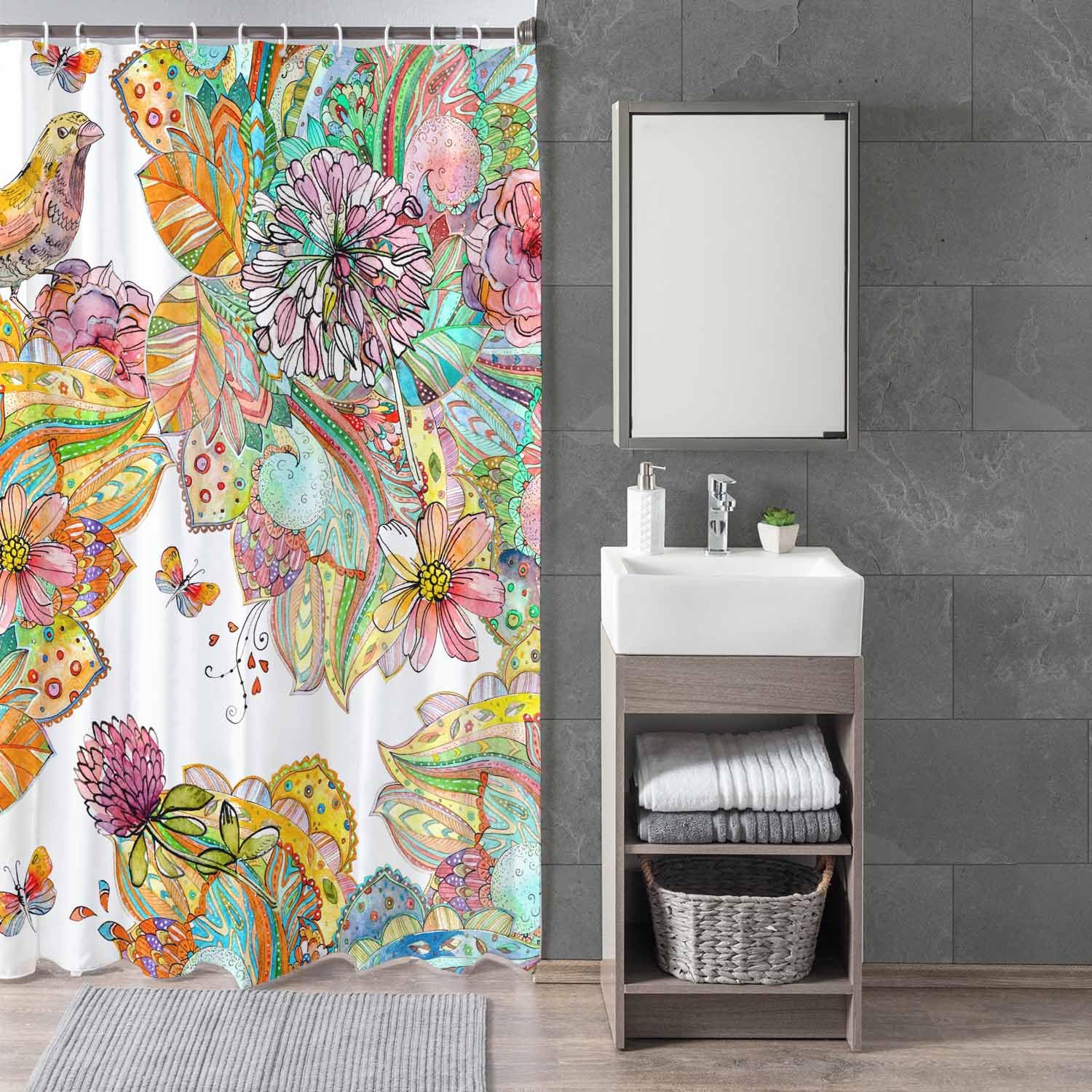 Woutay Shower Curtain Mould Proof Resistant Colorful Flowers and Bird,Water Repellant Fabric,Polyester,with 12 Plastic Hooks - Image 3