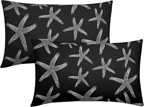 Sweetshow Black Starfish Coastal Lumbar Pillow Covers 12x20 Set of 2 Summer Nautical Beach Decorative Throw Pillows Outdoor Pillowcase Rectangle Linen Farmhouse Cushion Case Decor for Couch Sofa Bed