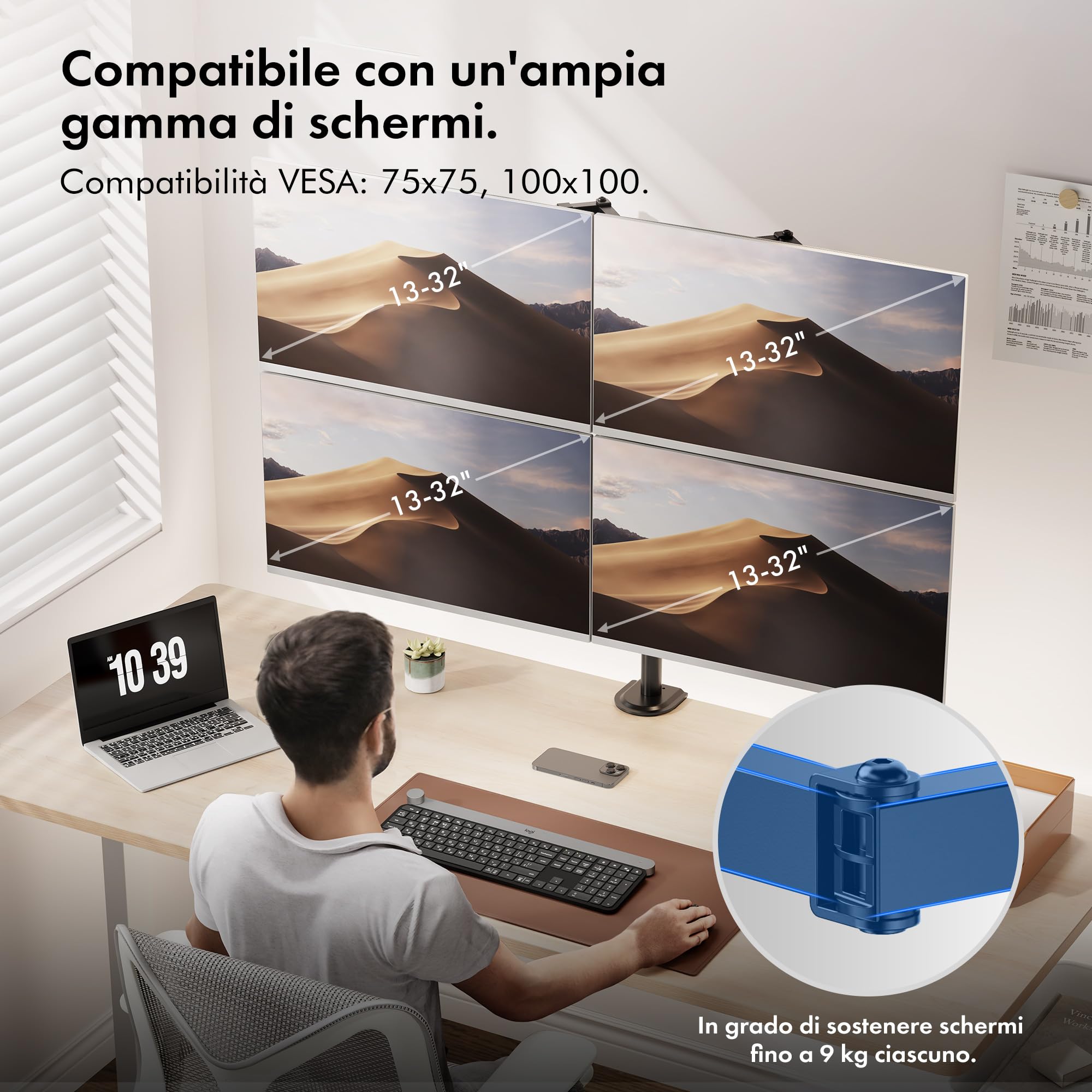 VonHaus Supporto Monitor Scrivania 13-32", Supporto Monitor per Quattro Schermi, Altezza Regolabile, Facile da Assemblare - Braccio VESA 75x75 & 100x100mm, Rotante e Inclinabile