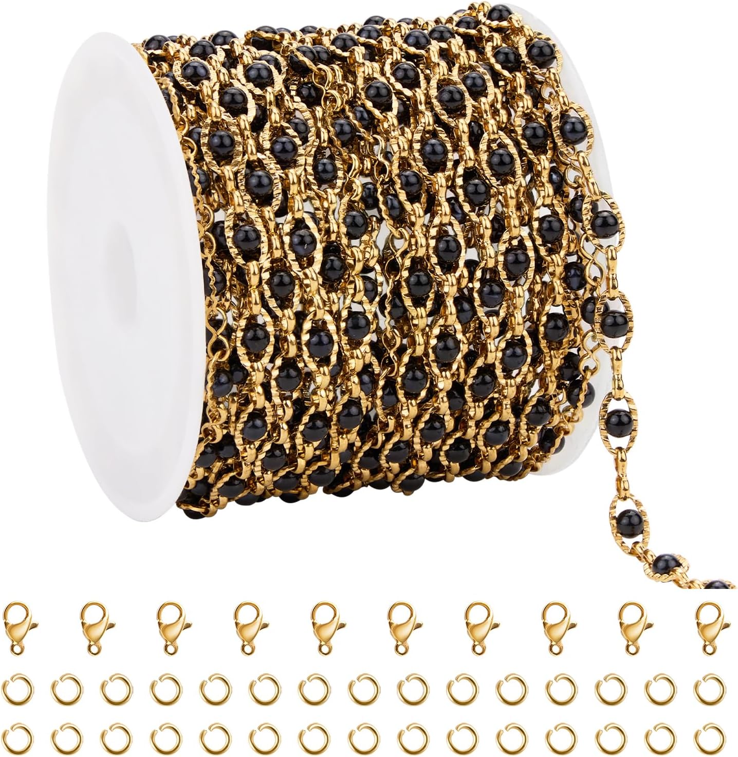 UMAOKANG 13 Feet Black Bead Evil Eye Chains for Jewelry Making Gold Plated Stainless Steel Chain Roll with Jump Rings and Lobster Clasps