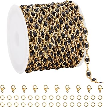 UMAOKANG 13 Feet Black Bead Evil Eye Chains for Jewelry Making Gold Plated Stainless Steel Chain Roll with Jump Rings and Lobster Clasps