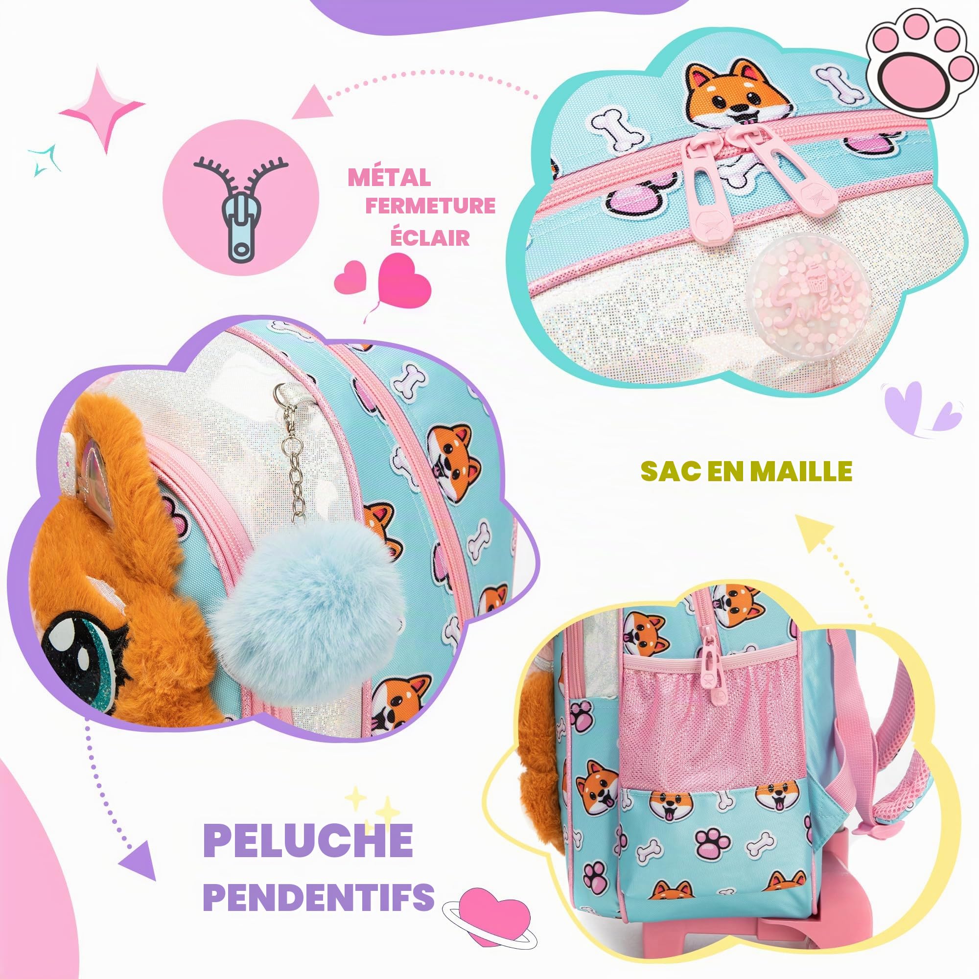 HTgroce Cartable a Roulette Fille Primaire Sac à Roulette Fille Maternelle Un Sac à Lunch et Un étui à Crayons 7 Ans
