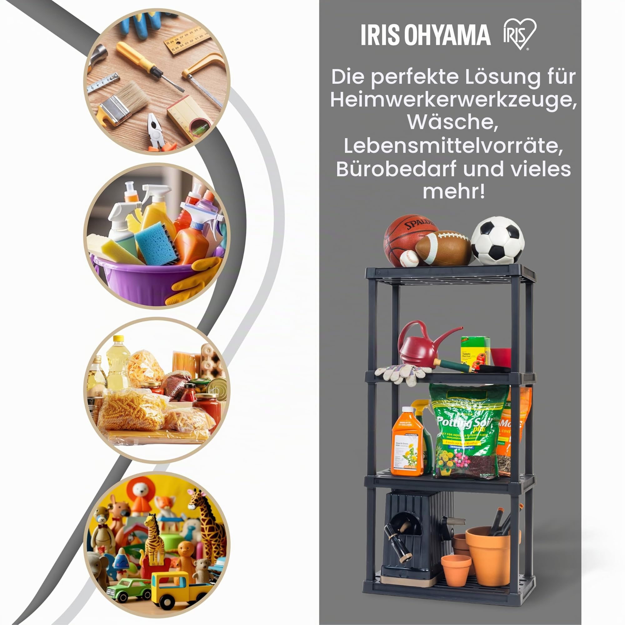 Iris Ohyama, 2er-Set Robustes steckregal Kunststoff, jeweils bis 100 kg, Schnelle Montage ohne Werkzeug, 4 Böden, schwerlastregal, kunststoffregal Schwarz, PRS-M4