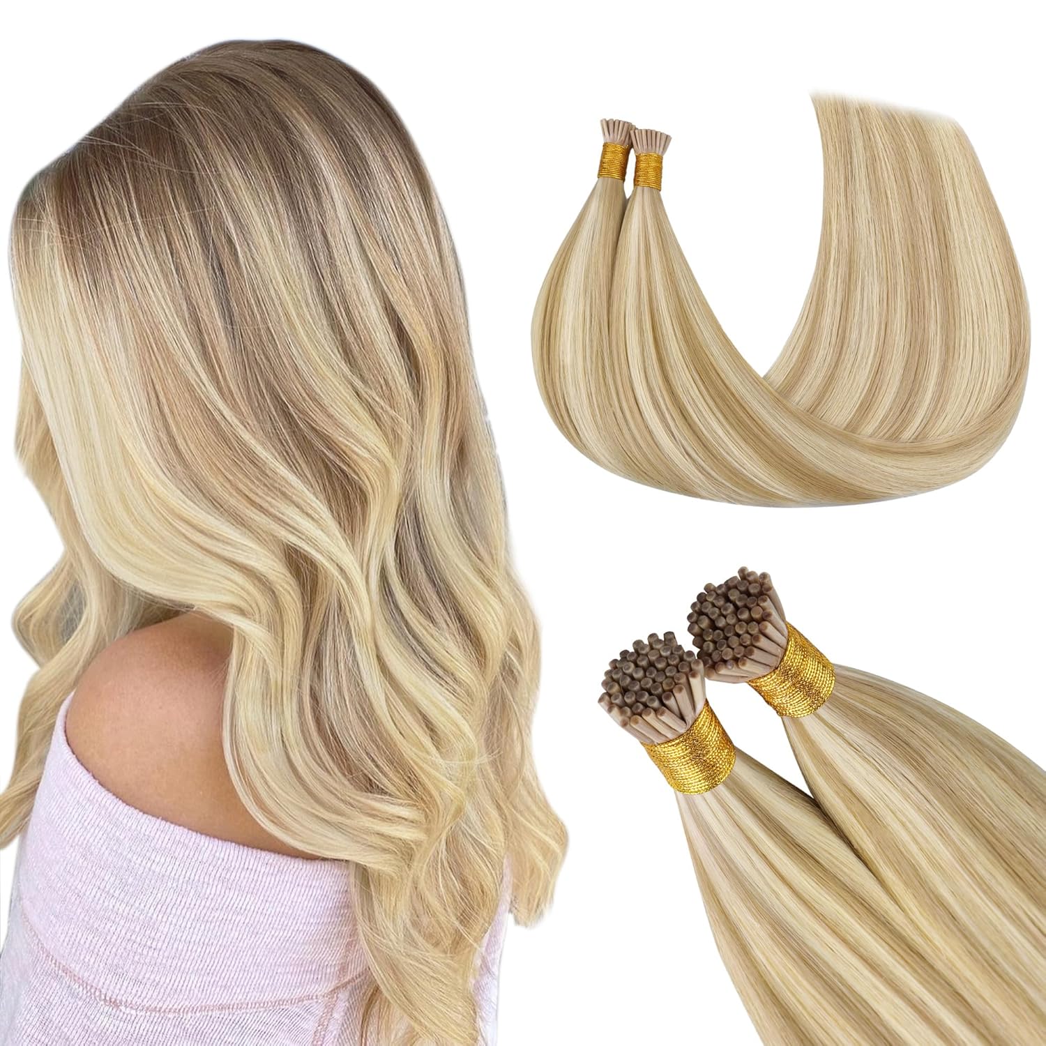 GOO GOO I Tip Hair Extensions, Real Human Hair, 22inch 50g 50S, Cold Fusion I Tip, Invisible Remy, Dark Blonde Highlighted Bleach Blonde