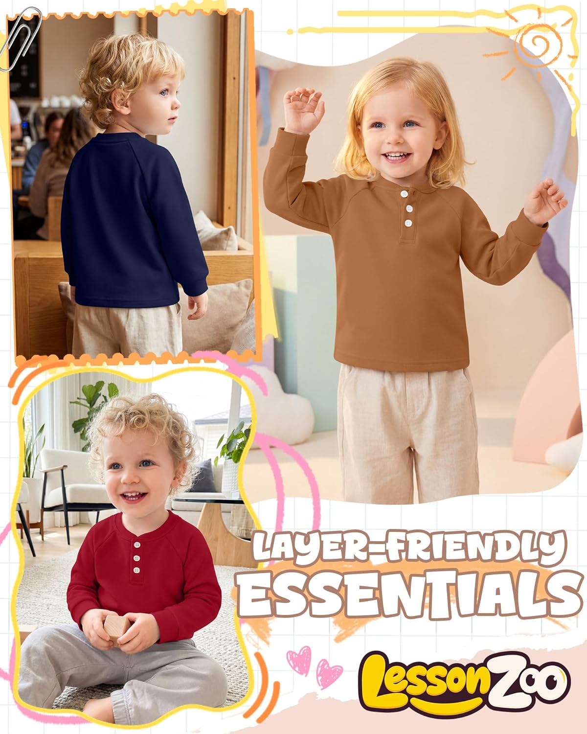 4 Pack Toddler Boys Girls Thermal Long Sleeve T-Shirts Henley Undershirt Top Basic Layer Long Sleeve Fleece T-Shirt - Image 3