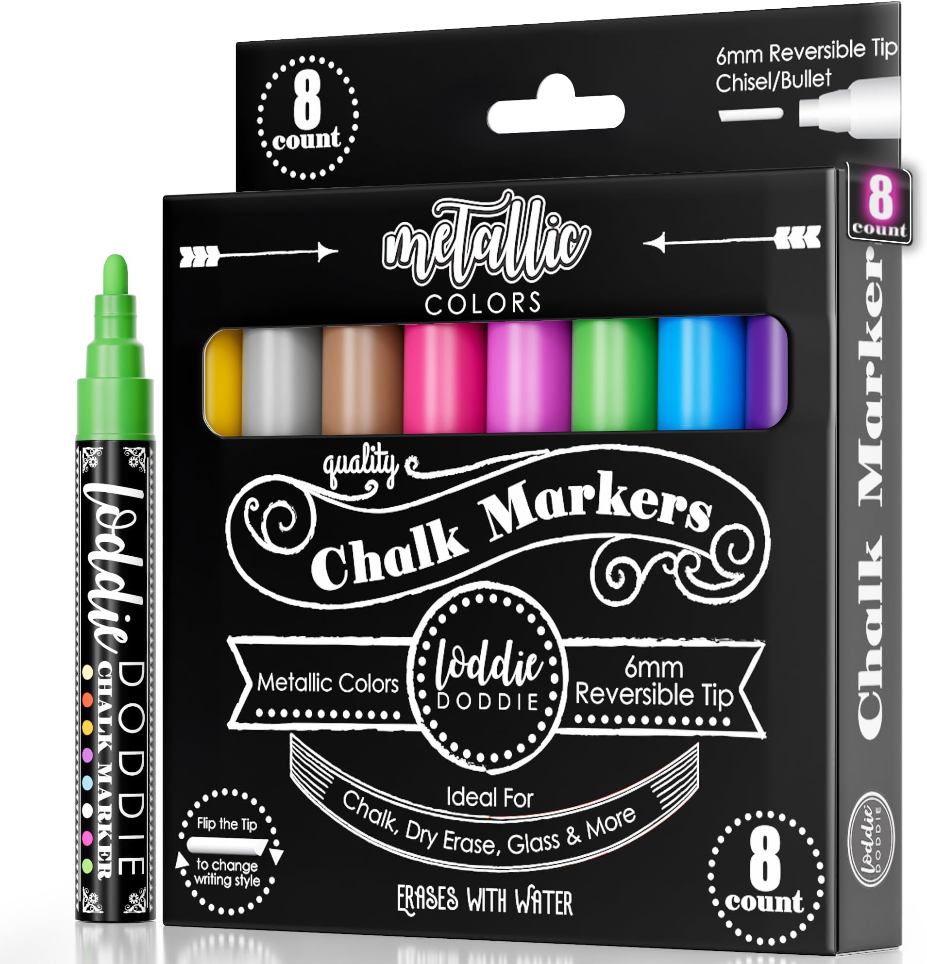 Loddie DoddieLiquid Metallic Chalk Markers for Chalkboard - 8 Count, 6mm Reversible Chisel Tip Metallic Markers - Bullet Tips Chalkboard Markers Erasable - Chalk Pen - Metallic Chalkboard Markers