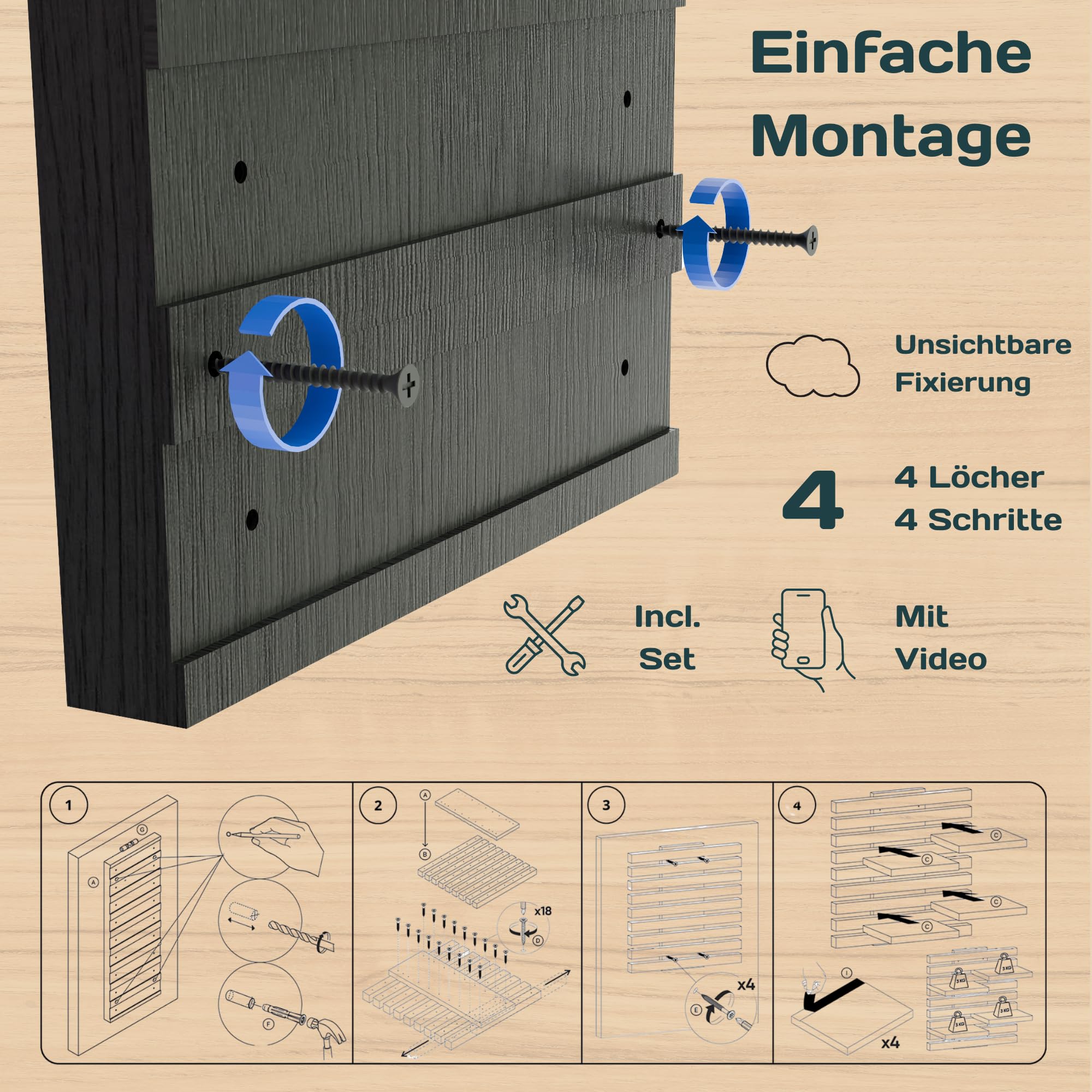 Wandregal Holz Hängend - Modulares Bücherregal Set aus Massivholz - Schwebendes Regalbrett für Wohnzimmer, Küche & Bad - Vintage Deko & Pflanzen Ablage