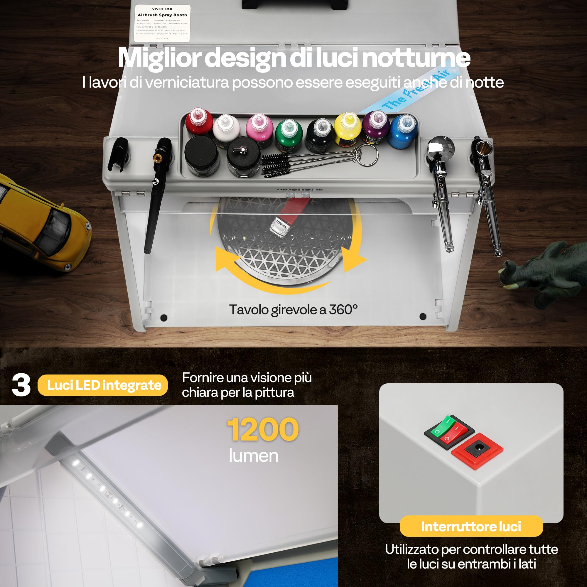 VIVOHOME Cabina Verniciatura ad Aerografo Portatile con 3 Luci LED Rack per Pistole a Vernice e Spruzzo Tavolo Girevole e Cabina per Aerografo con Filtro per la Verniciatura di Modelli Artigianali