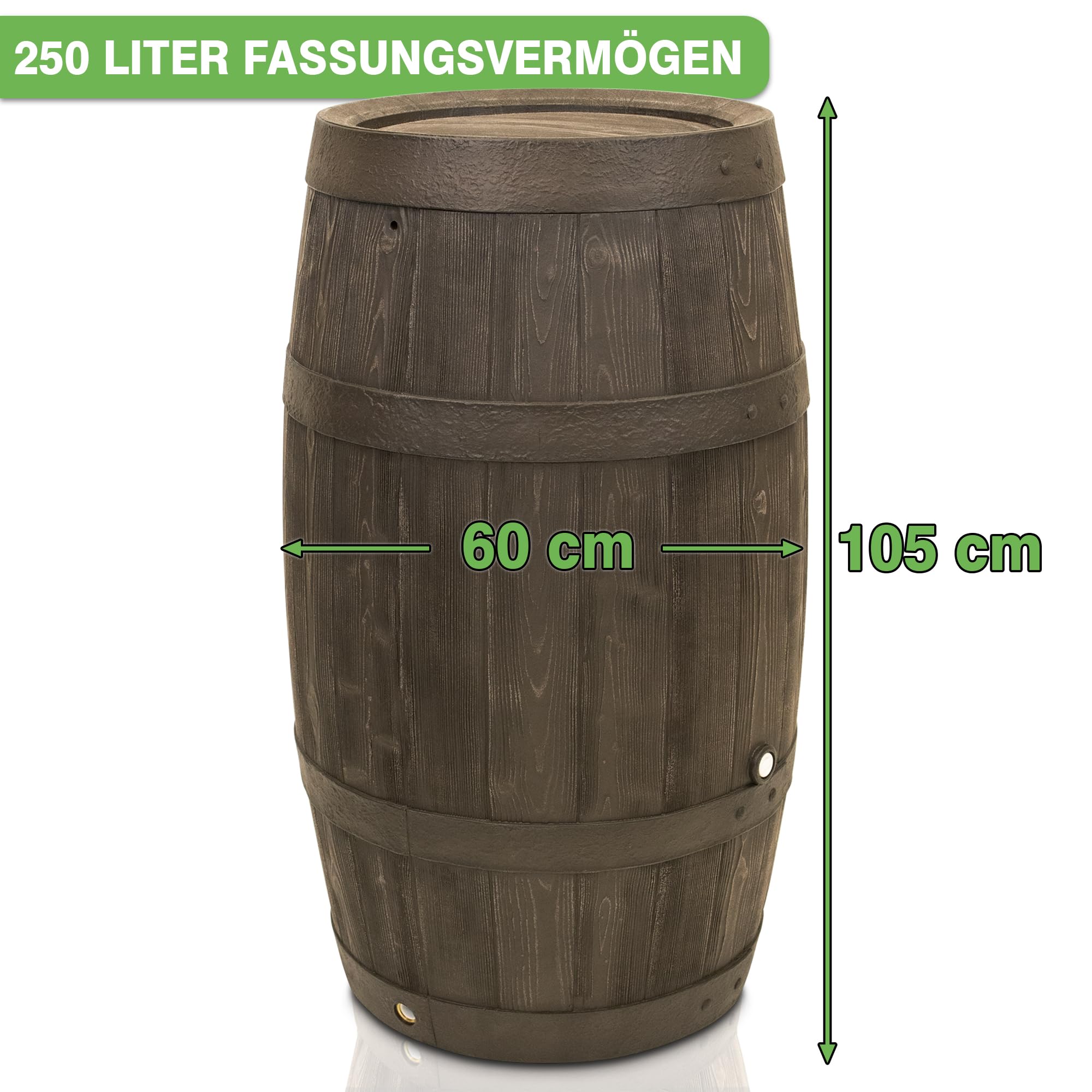 YourCasa Regentonne 250 Liter [Timber] mit Metallgewinde und Deckel - Regenfass Frostsicher aus Kunststoff in Holzoptik - Regenwassertonne - Regenwassertank Garten - Holz Weinfass Wasserfass Holzfass