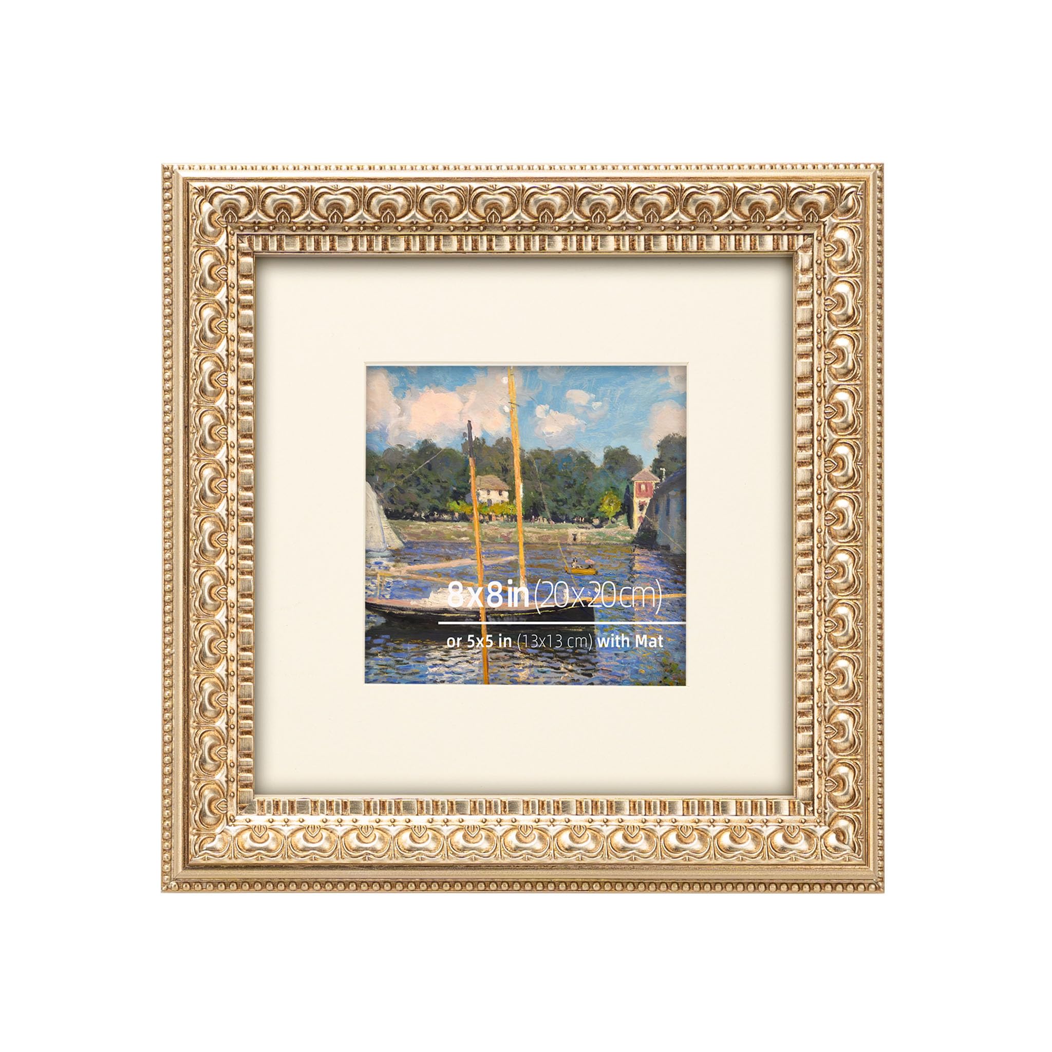 Eitida Antique Silver 8X8 Inch Picture Frame, Ornate Vintage Wood Design, Matted For 5X5 Photos, Wall Or Tabletop Display