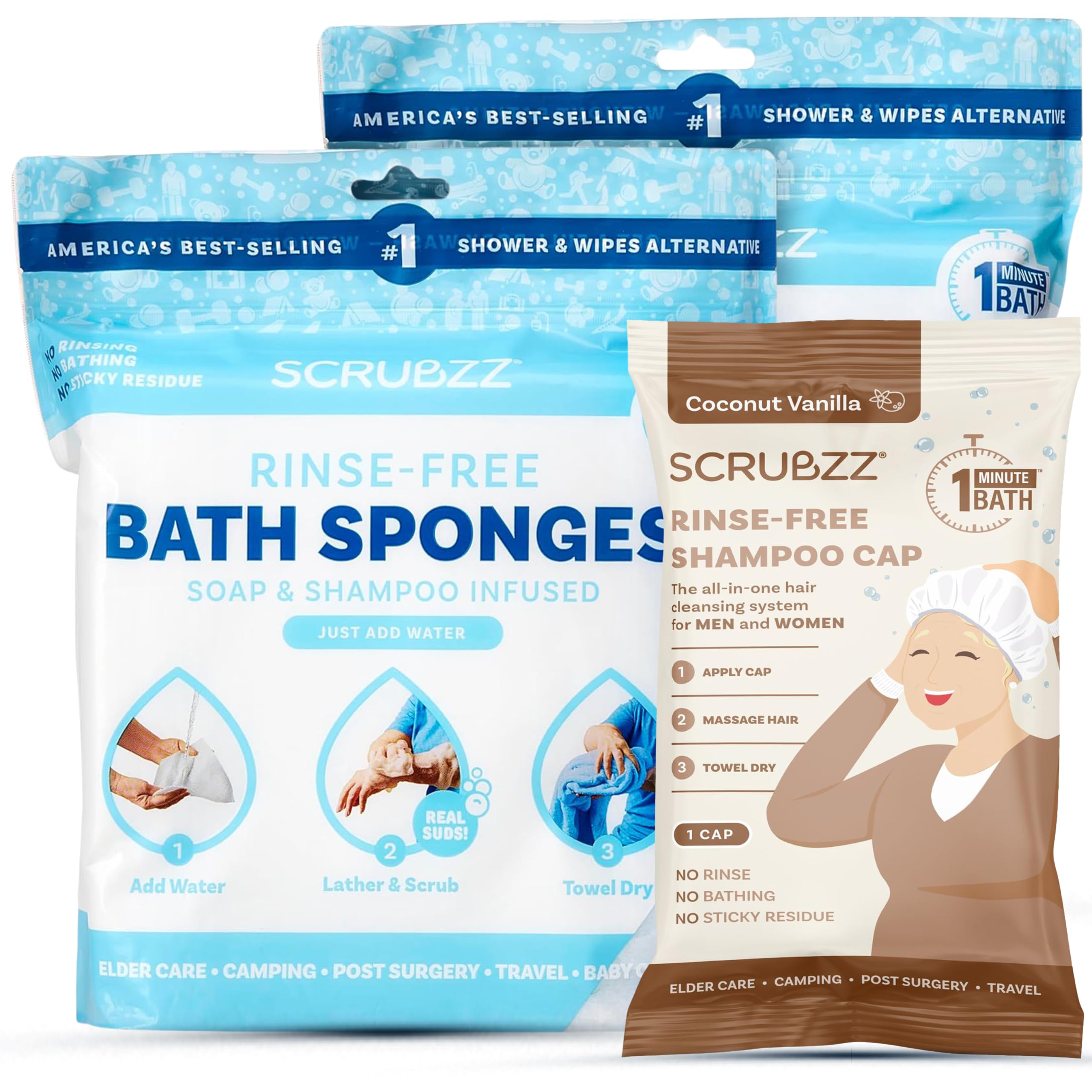 Scrubzz Rinse Free Bathing Sponges and Coconut Vanilla Shampoo Cap Bundle for Eldery Bedridden and Post Surgery Patients