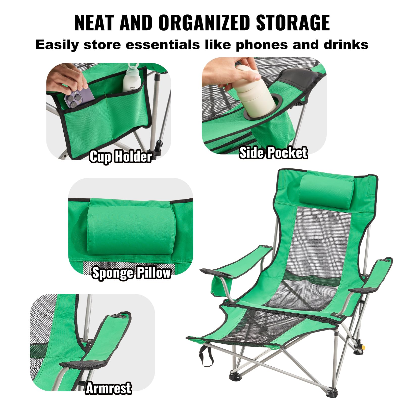 VEVOR Silla de Camping Reclinable Portátil 1530 x 830 x 730 mm Carga de 149,69 kg, Silla de Camping Plegable con Reposapiés, Portavasos, Bolsillo Lateral y Reposacabezas para Camping, Pesca, Verde