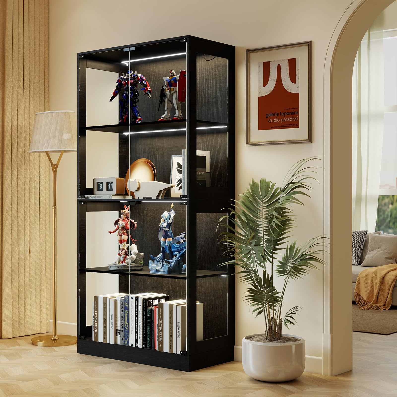 YU YUSING Vitrina Cristal Expositora para Colecciones con LED, Negra
