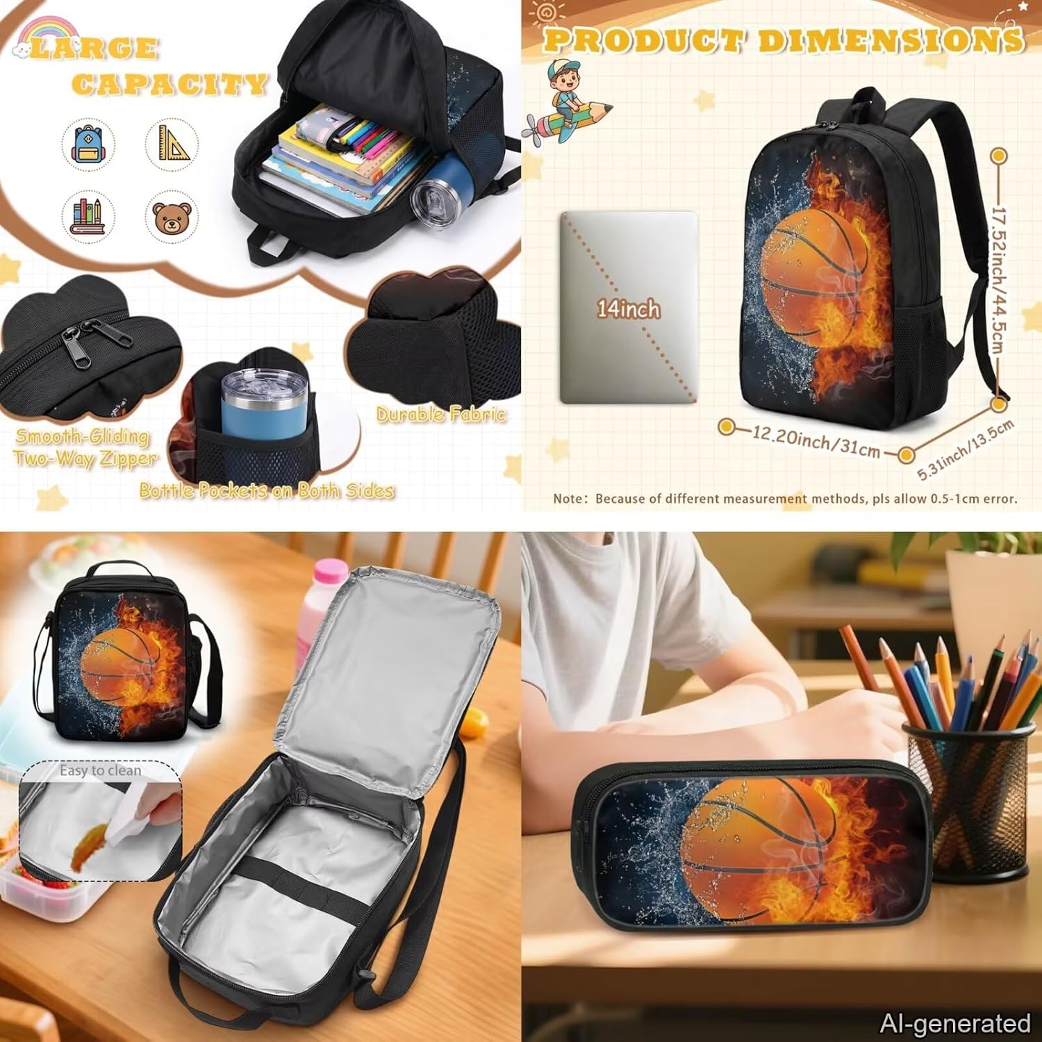 Backpack for Girls Boys with Lunch Box Pencil Bag Kids School Backpack Bookbag for Preschool Elementary, Basketball Water Fire image 4