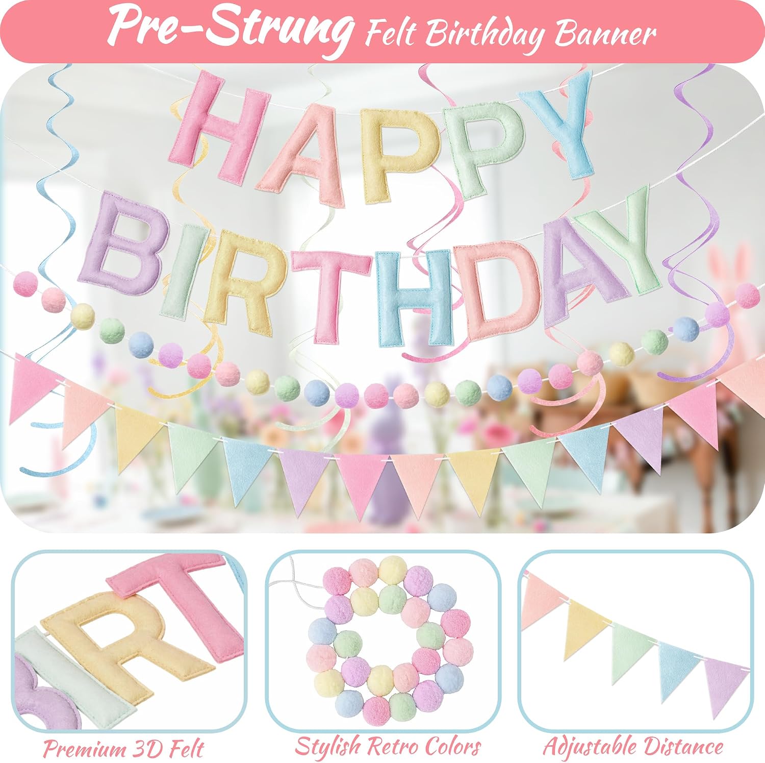 Kriyokiaa Pastel Happy Birthday Banner Set with Pom Pom Garland