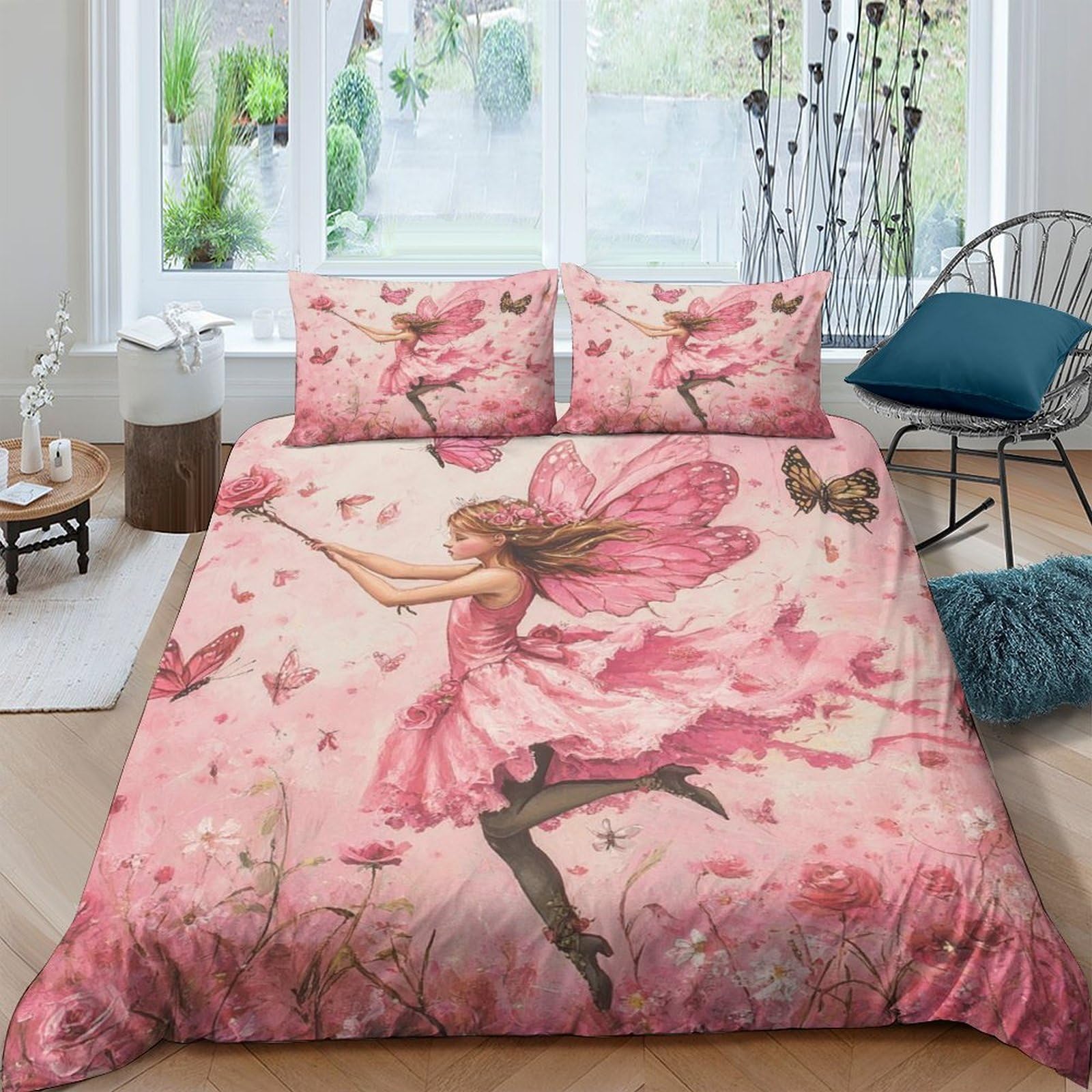 GPLZQXKJNH 3D Printed Pink Fairy Duvet Cover Microfiber Soft Breathable Butterfly Quilt Cover Set with 2 Pillowcases for Bedroom Decor Single（135x200cm）