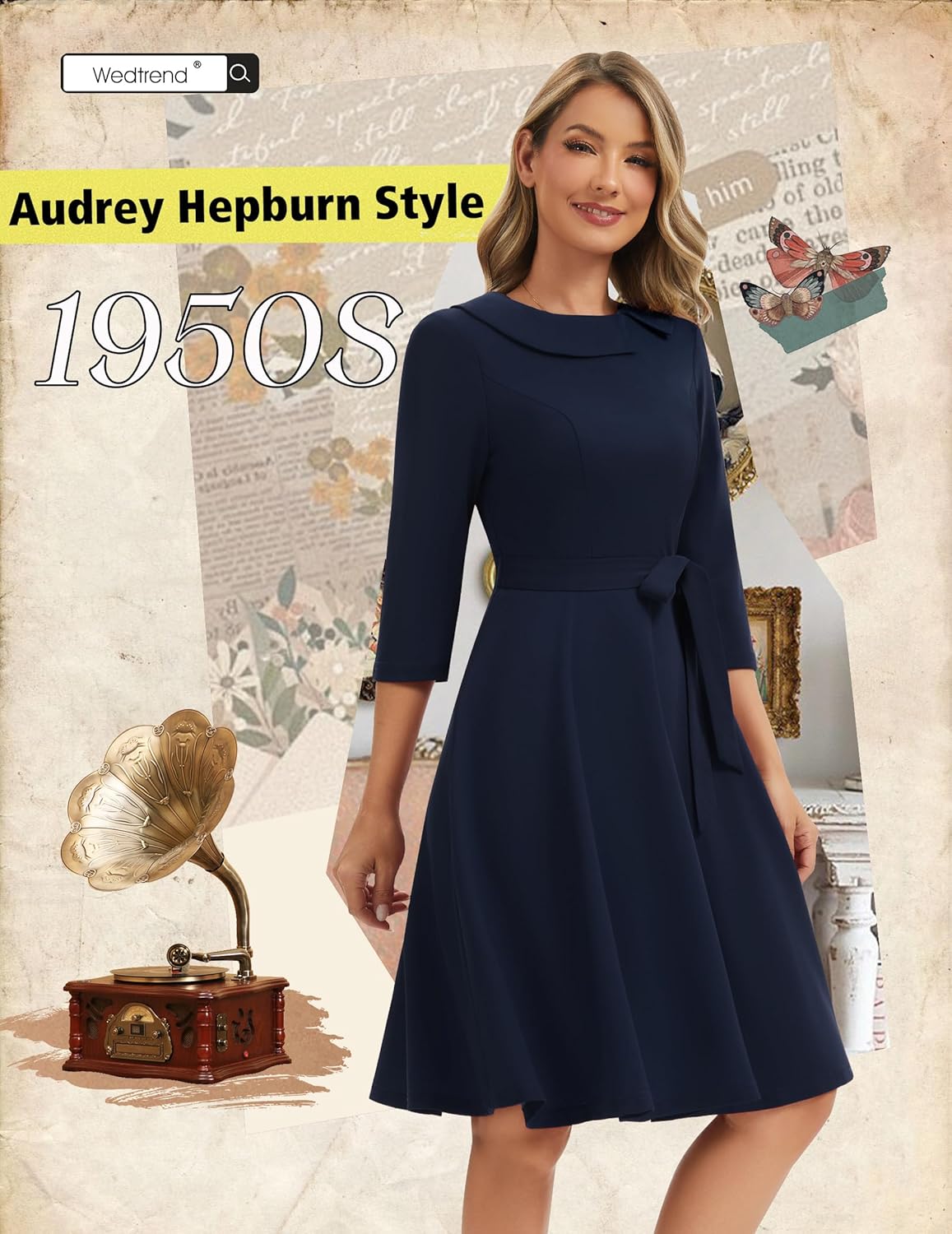 Wedtrend Women's 1950s Dresses 3/4 Sleeve Vintage Dress 40s Style Cocktail Dresses for Woman - Image 3