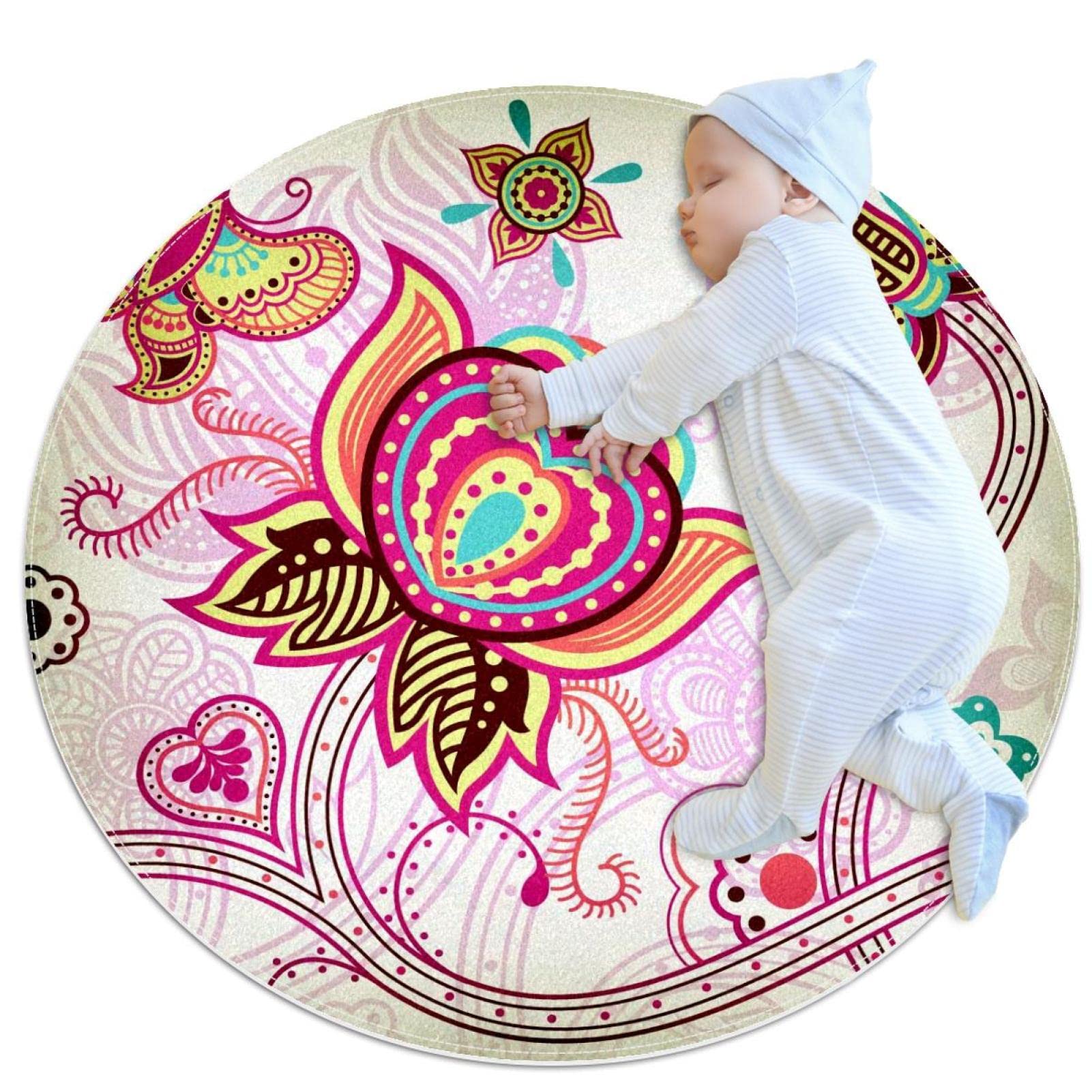 Tapis rond chambre fille imprimé croquis de fleur papillon JDEZ 100cm