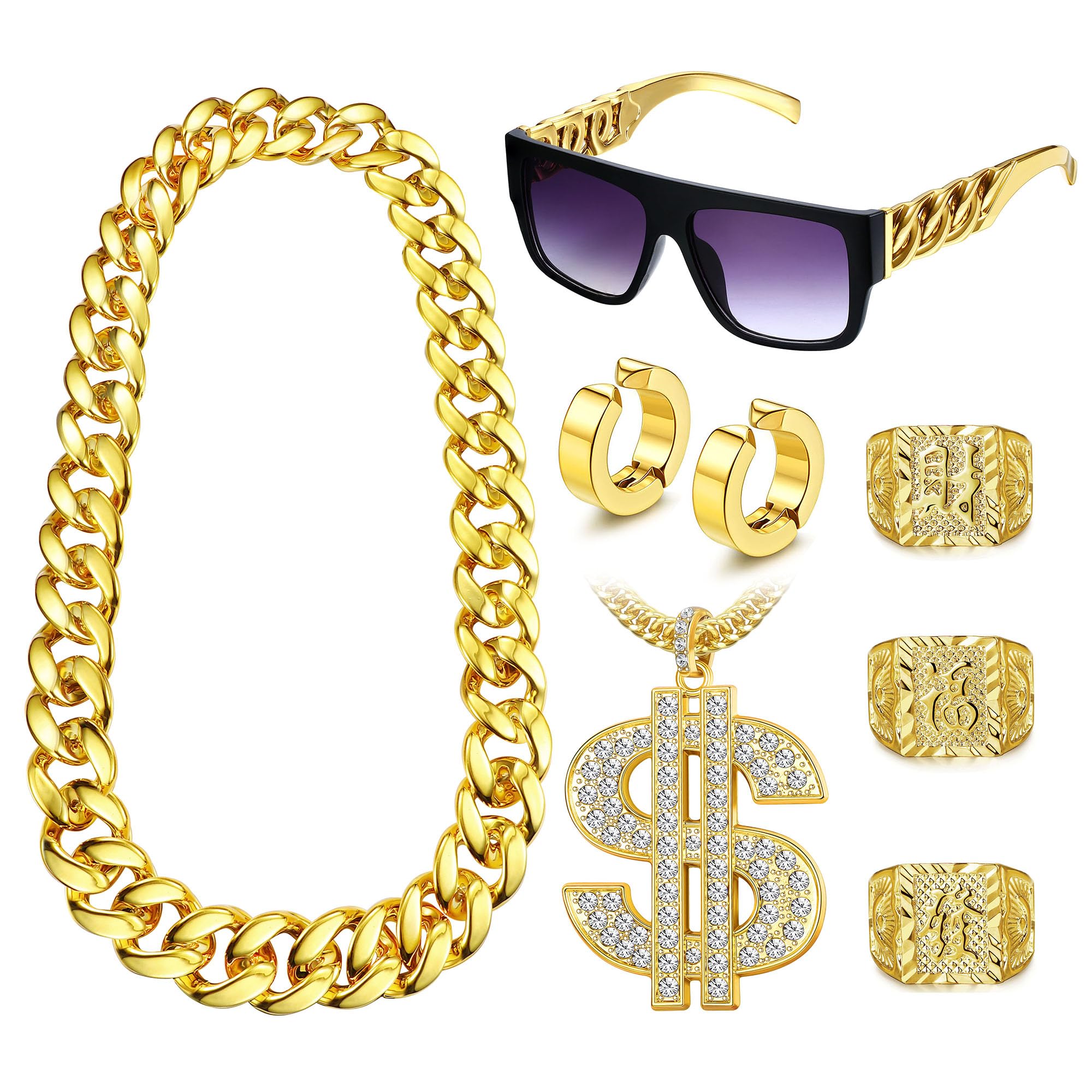 JstyleHip Hop Costume Kit Rapper Sunglasses Gold Dollar Sign Pendant Necklaces Gold Ring 80s/90s Rapper Accessories