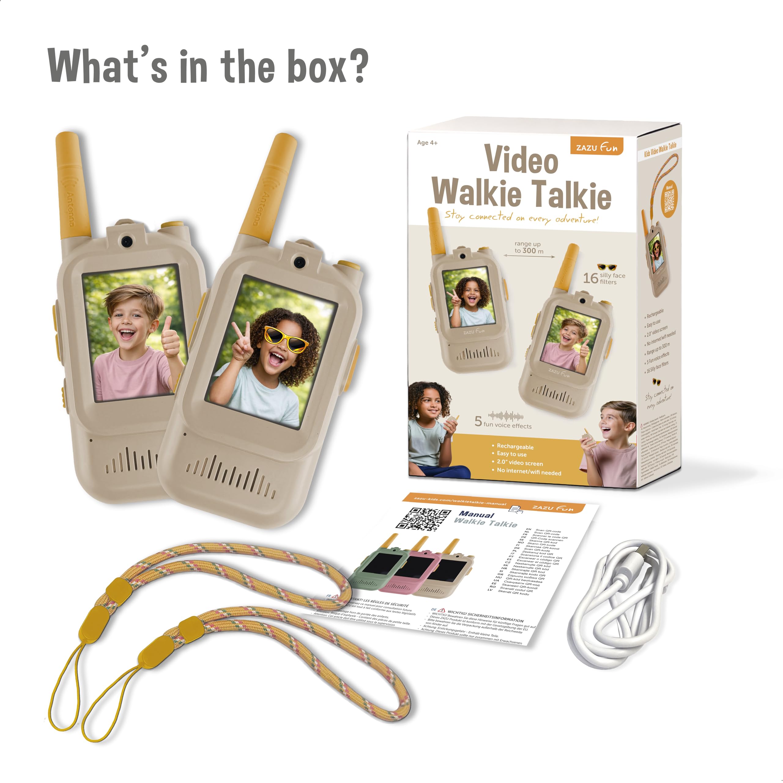 ZAZU Walkie talkie video per bambini con fotocamera, set da 2, portata 300 m, schermo da 2,0", ricaricabile tramite USB, 5 effetti vocali e 16 filtri, radio con video per interni ed esterni (beige)