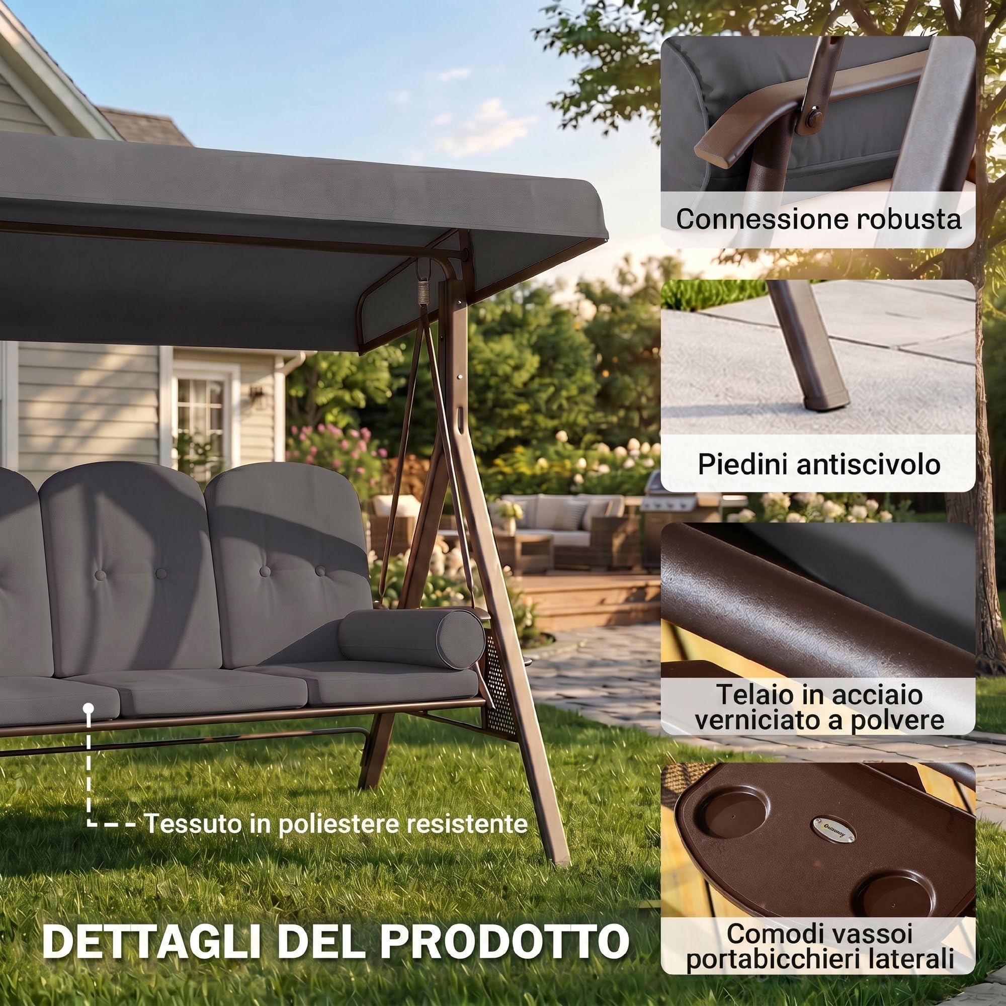 Outsunny Dondolo da Giardino 3 Posti con Tettuccio Parasole Regolabile, Dondolo da Esterno con Portabicchieri e Cuscini Imbottiti, Portata 360 kg, 208x121x172 cm, Grigio Scuro