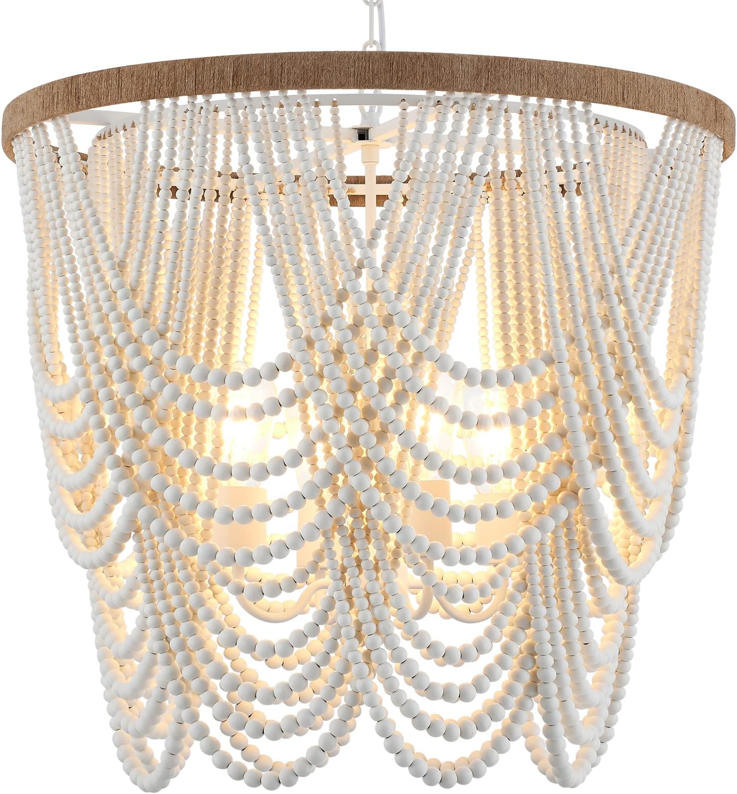 26” Boho Wood Beaded Chandelier Rustic Farmhouse Pendant Light 4-Lights Large Coastal Chandelier for Living Room Dining Room Foyer Entryway Bedroom, Oak White, E26, UL Listed
