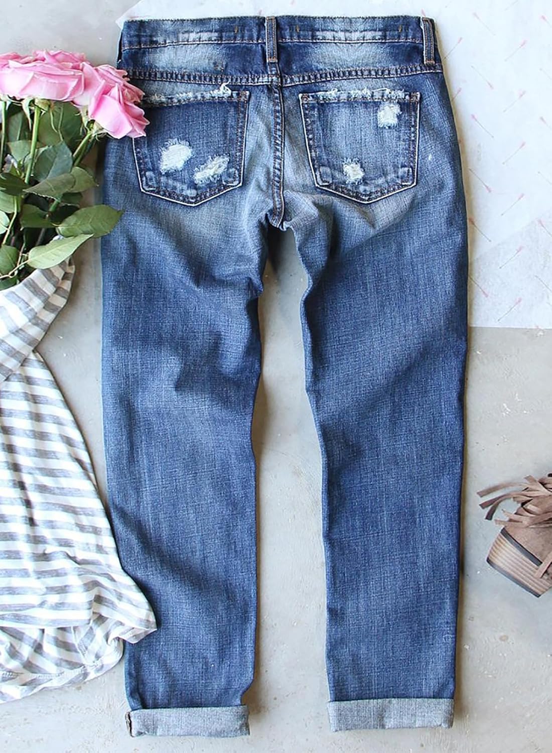 Astylish Womens Plaid Patch Ripped Boyfriend Distressed Stretch Skinny Denim Jeans - Image 3