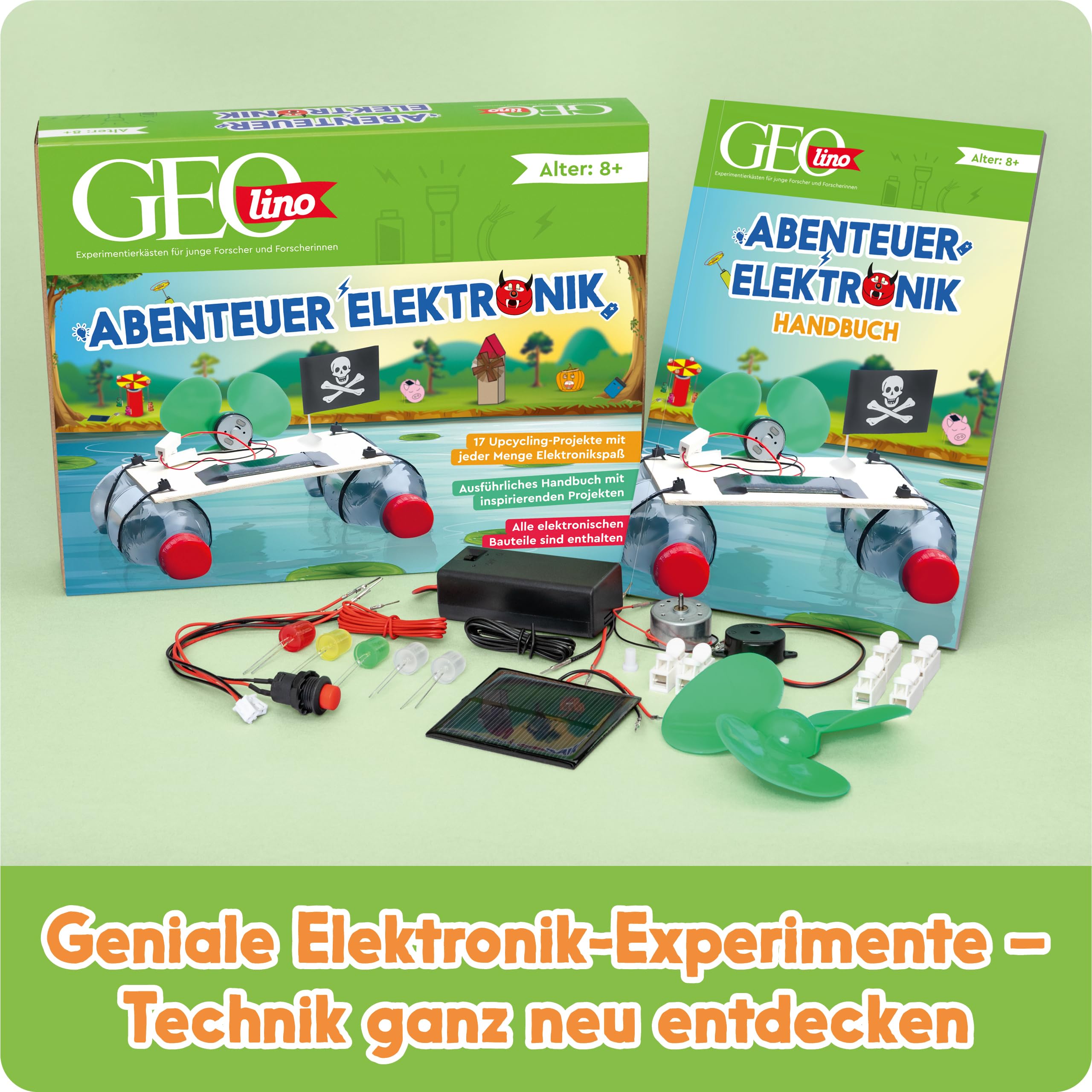 FRANZIS 67073 - GEOlino Experimentierkasten Abenteuer Elektronik, Set mit Solarmodul, LEDs, Solarmotor, Propeller, Handbuch und weiterem Zubehör, ab 8 Jahren, keine Vorkenntnisse nötig