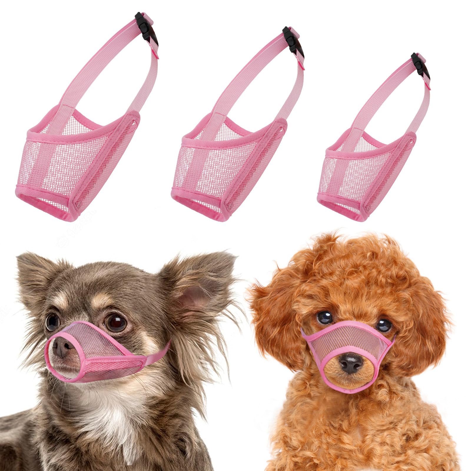 LUCKYPAW Dog Muzzle Suits for Small Medium Large Dogs, Mesh Muzzle Anti Biting Chewing, Breathable Mouth Cover Set with Adjustable Strap for Grooming Vet Visiting Training (Small 3 PCS(XXS-S), Pink)