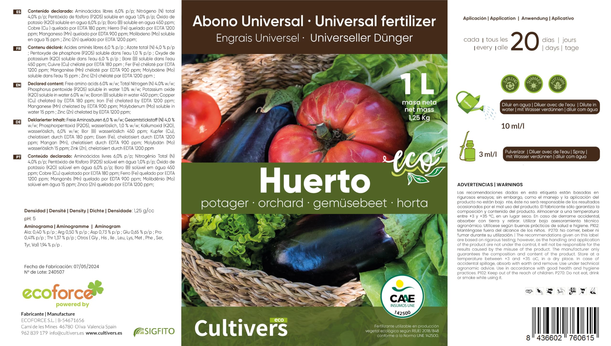 CULTIVERS Fertilizante Huerto Líquido Ecológico 5 L Abono para Hortalizas 100% Orgánico y Natural. Mejor Sabor, Mayor Calidad, Potencia el Crecimiento y Aumenta la Cosecha