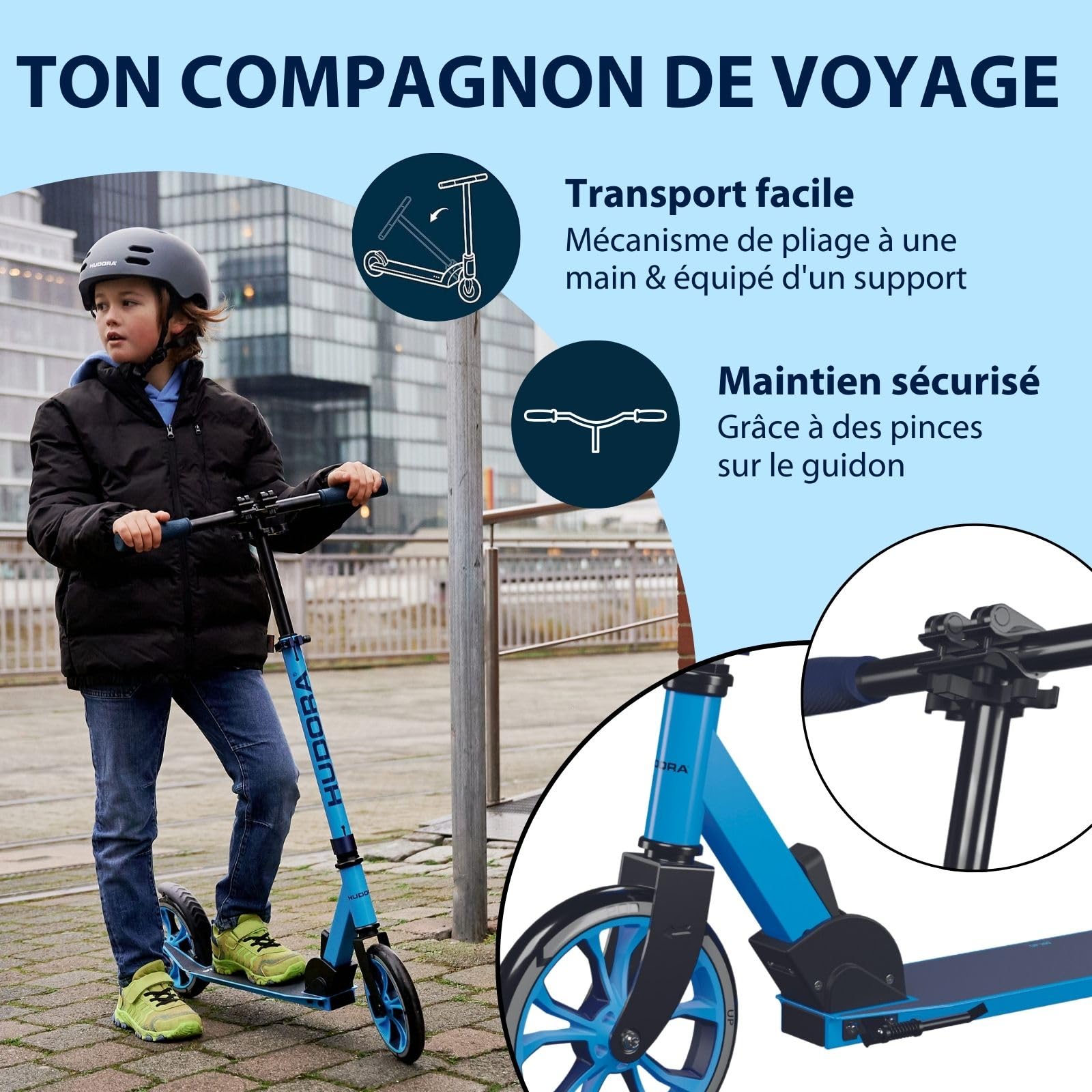 HUDORA Scooter Up 200 - Trottinette Confortable et silencieuse en Aluminium pour jusqu'à 100kg - Réglable en Hauteur & Pliable - Trottinette sans à-Coup pour Enfants/Adolescents & Adultes