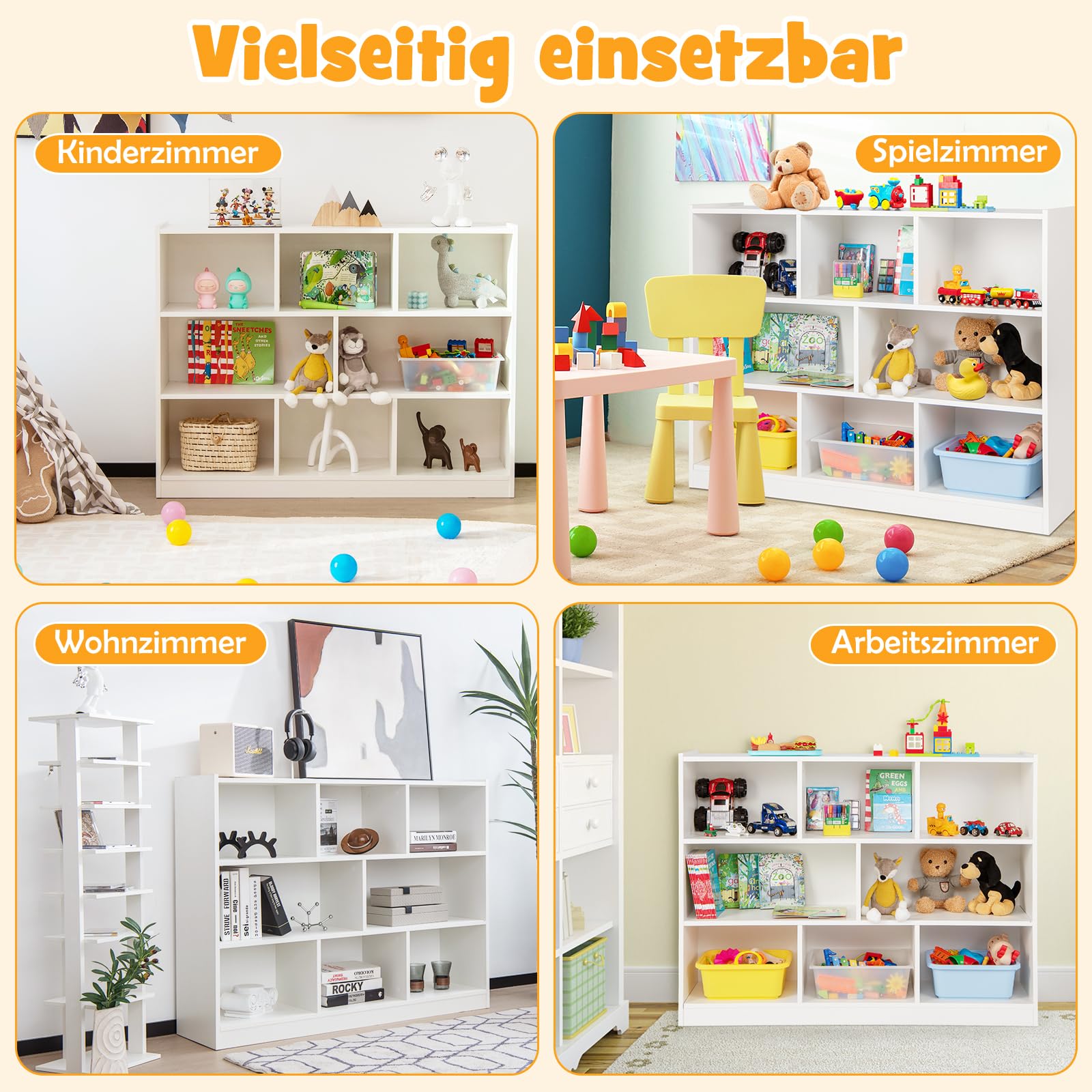 DREAMADE Kinderregal mit 8 Fächern, Bücherregal für Kinder aus Holz, Aufbewahrungsregal Spielzeugschrank Kinderzimmer Möbel, Spielzeugregal für Kinderzimmer Wohnzimmer, 122 x 32 x 93cm (Weiß)