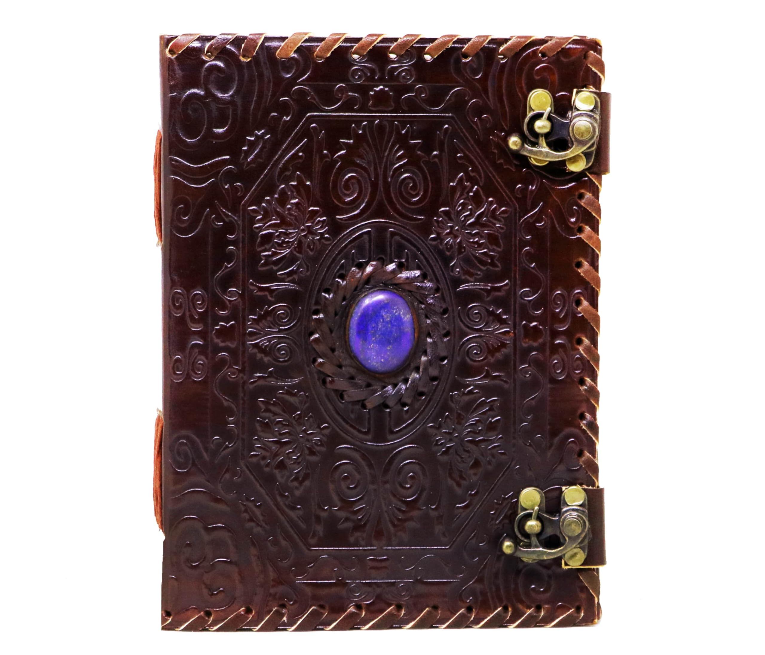 Jaald A5 Note Notebook Taccuino Foglie Diario Agenda Quaderno Album Fatto a Mano Copertina in Pelle Grimorio Diario note Bianco Personale Viaggio Regalo Vintage pietra blu chiusura con cordino