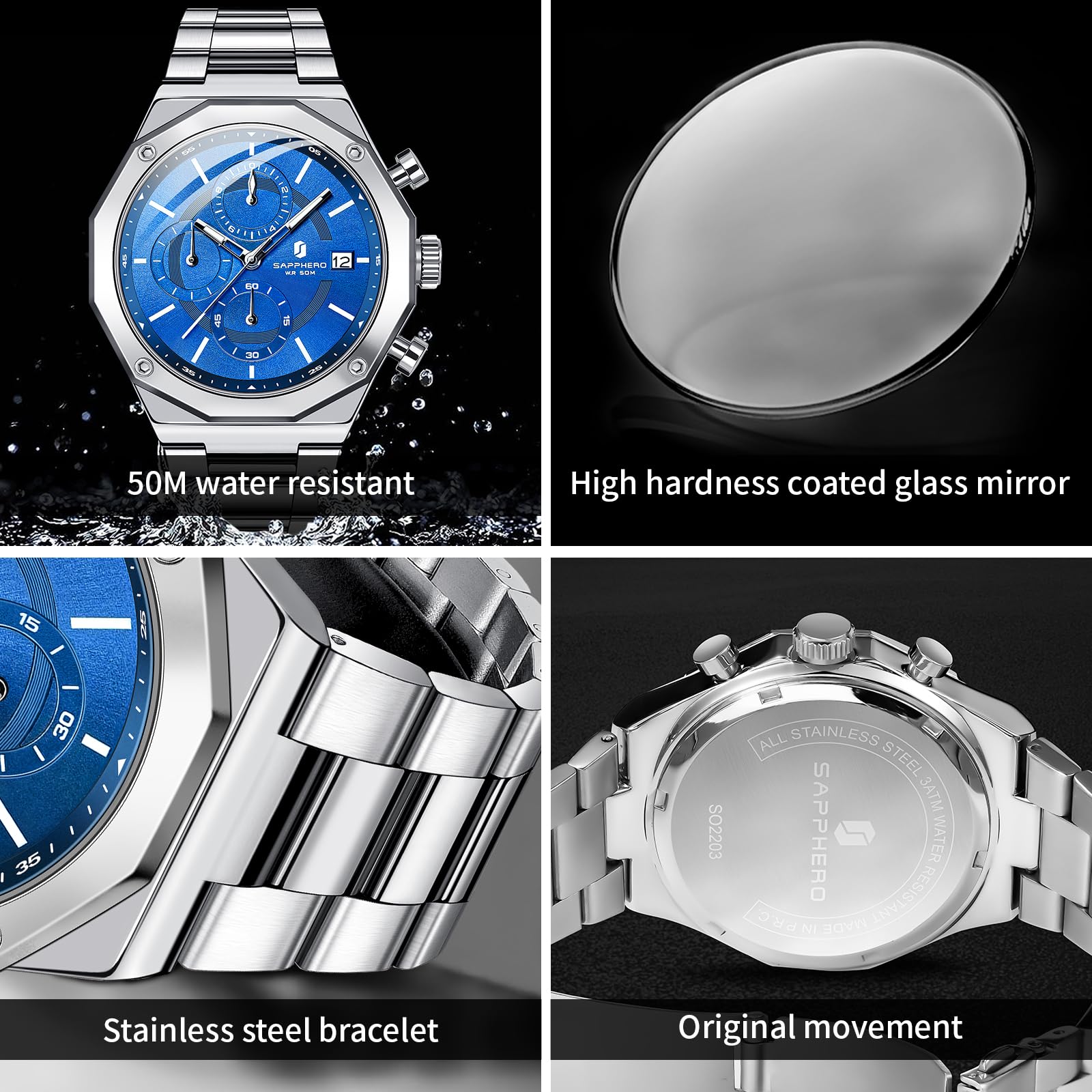 SAPPHERO Orologi Uomo Cronografo Orologi Analogici al Quarzo, Impermeabile 50M, Lancette Luminescenti, Data, Orologio Casual Business, Design Classico, Regalo Elegante