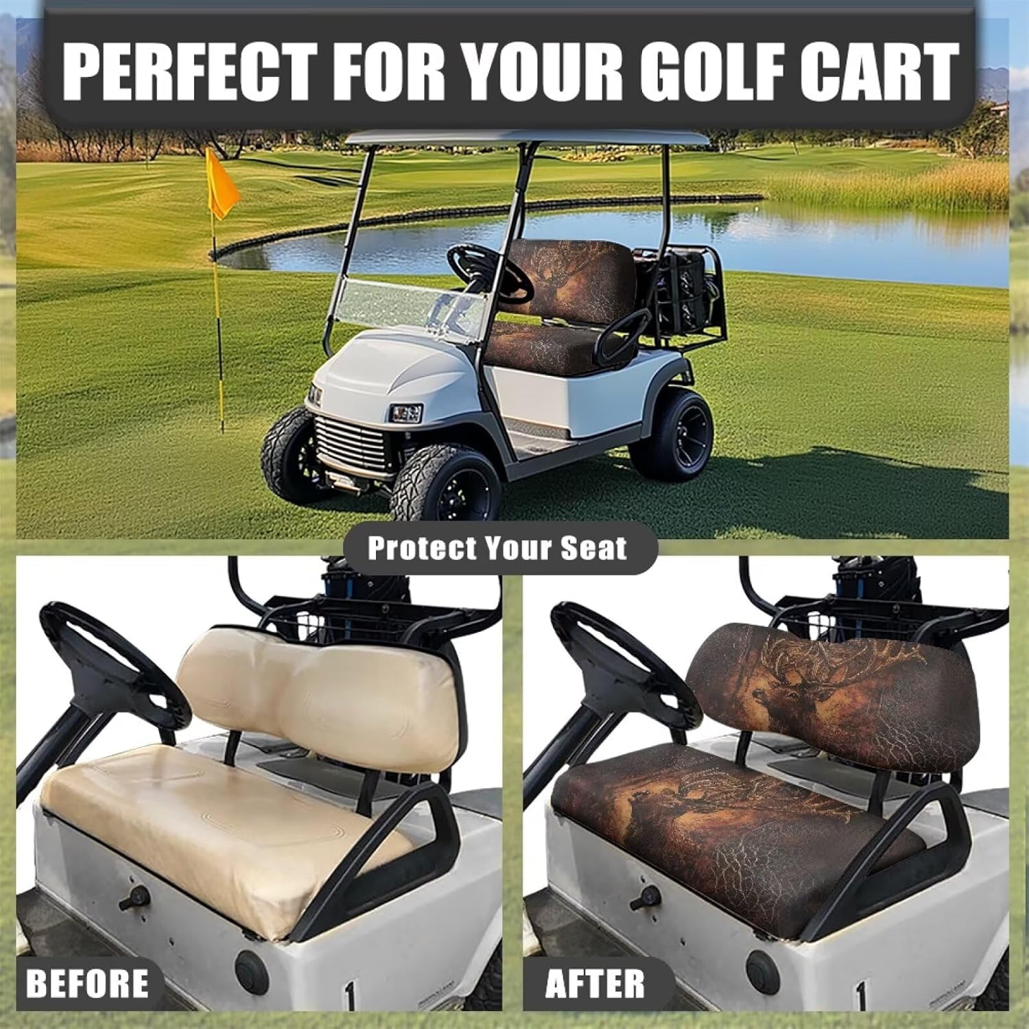 Suobstales Golf Cart Front and Rear Seat Cover Set for EZGO TXT RXV & Club Car DS 2 Passenger, Washable Bench Seat Covers Kit